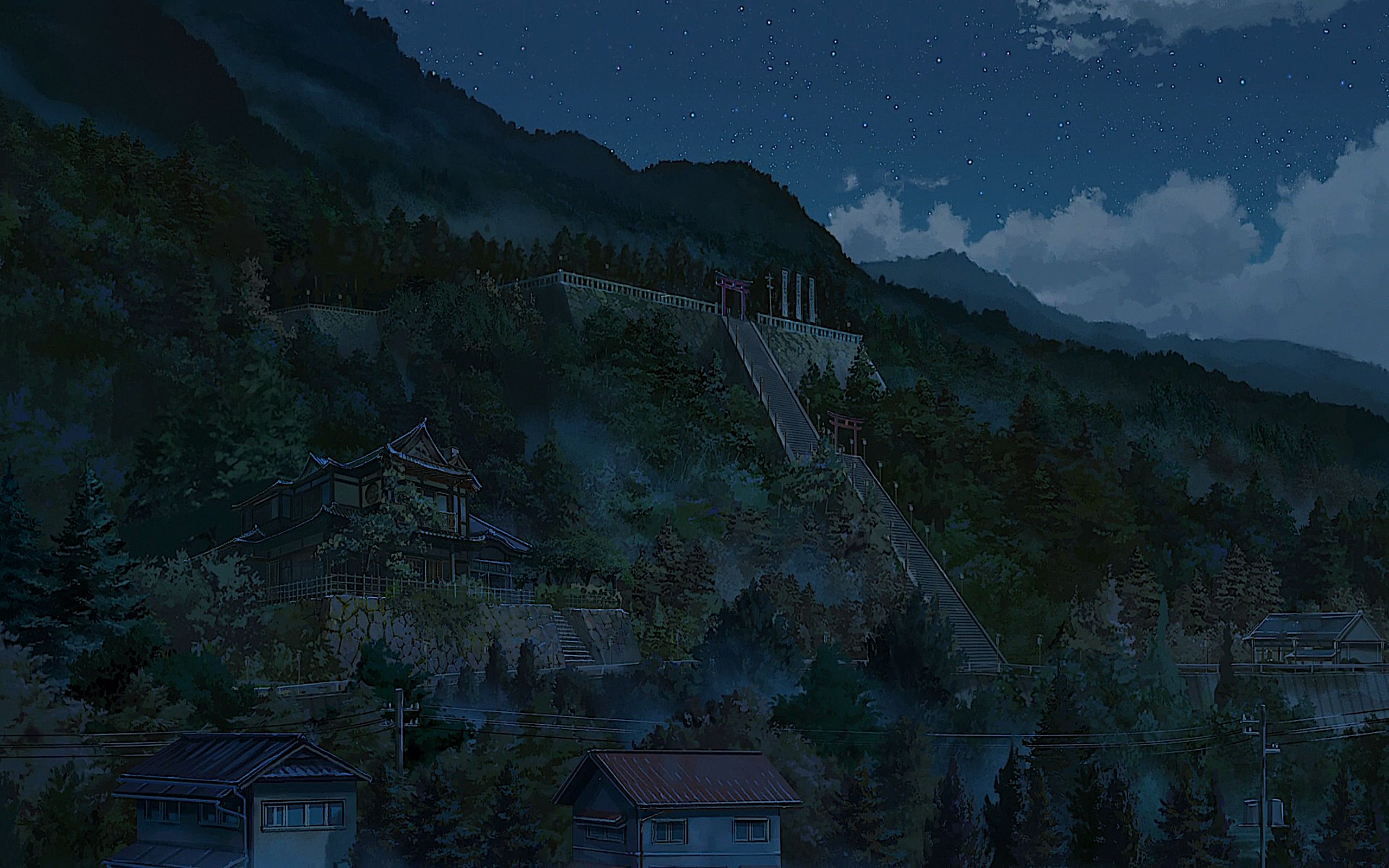 Download mobile wallpaper Anime, Nature, Sky, Night, Mountain, Japan, Cloud, Town, Shrine, Your Name for free.
