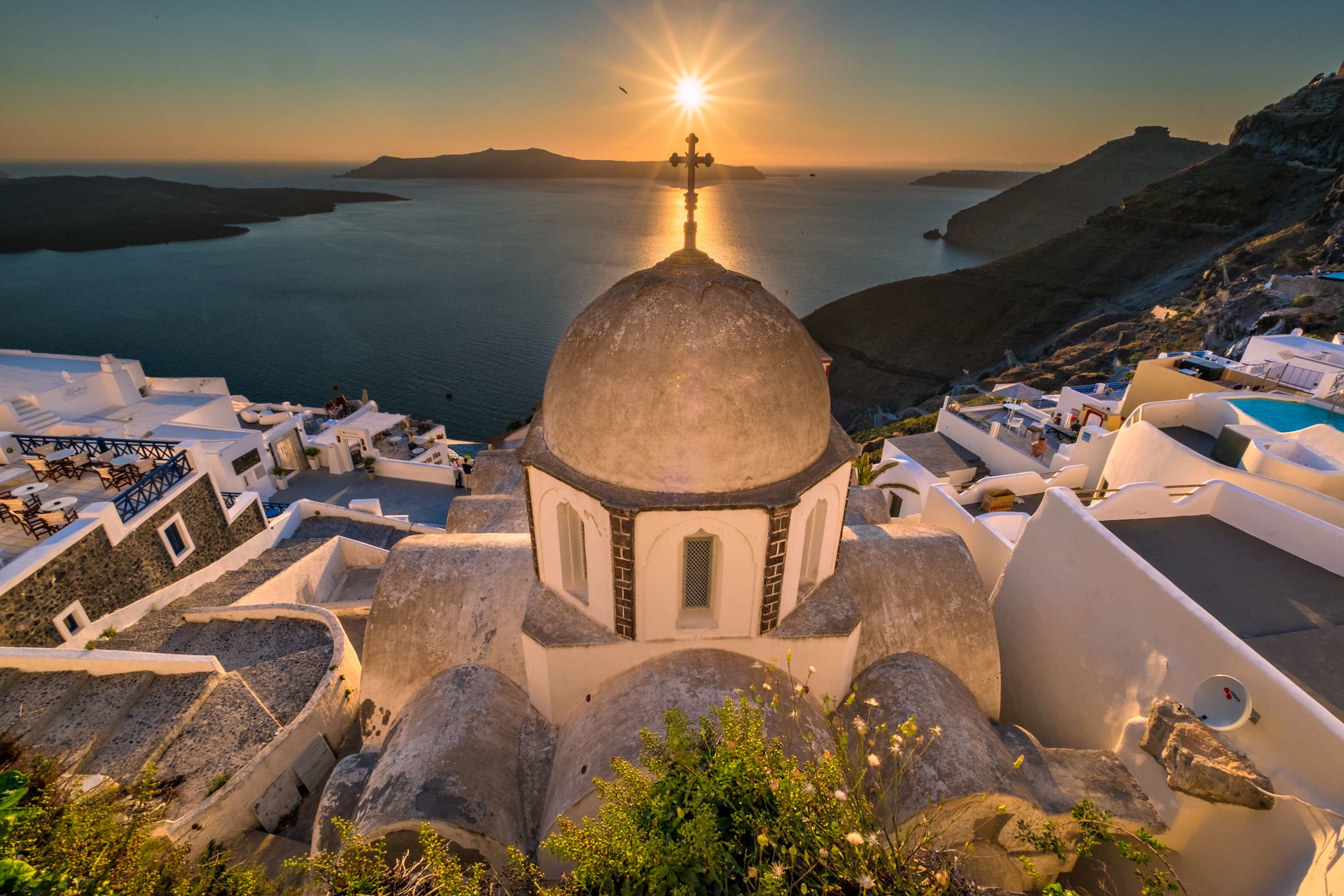 Free download wallpaper Sunset, Church, Greece, Santorini, Churches, Religious on your PC desktop