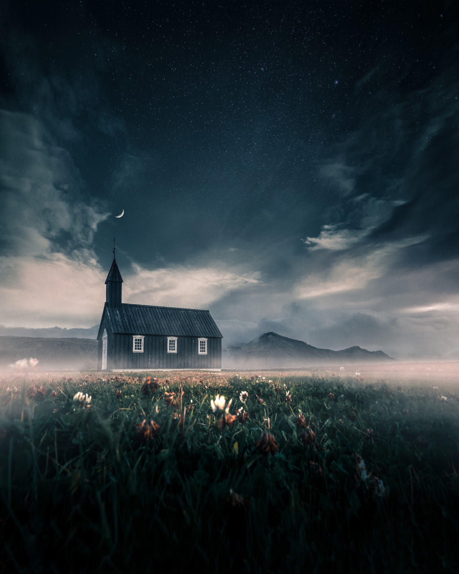 Download mobile wallpaper Fog, Nature, House, Stars, Flowers, Moon for free.