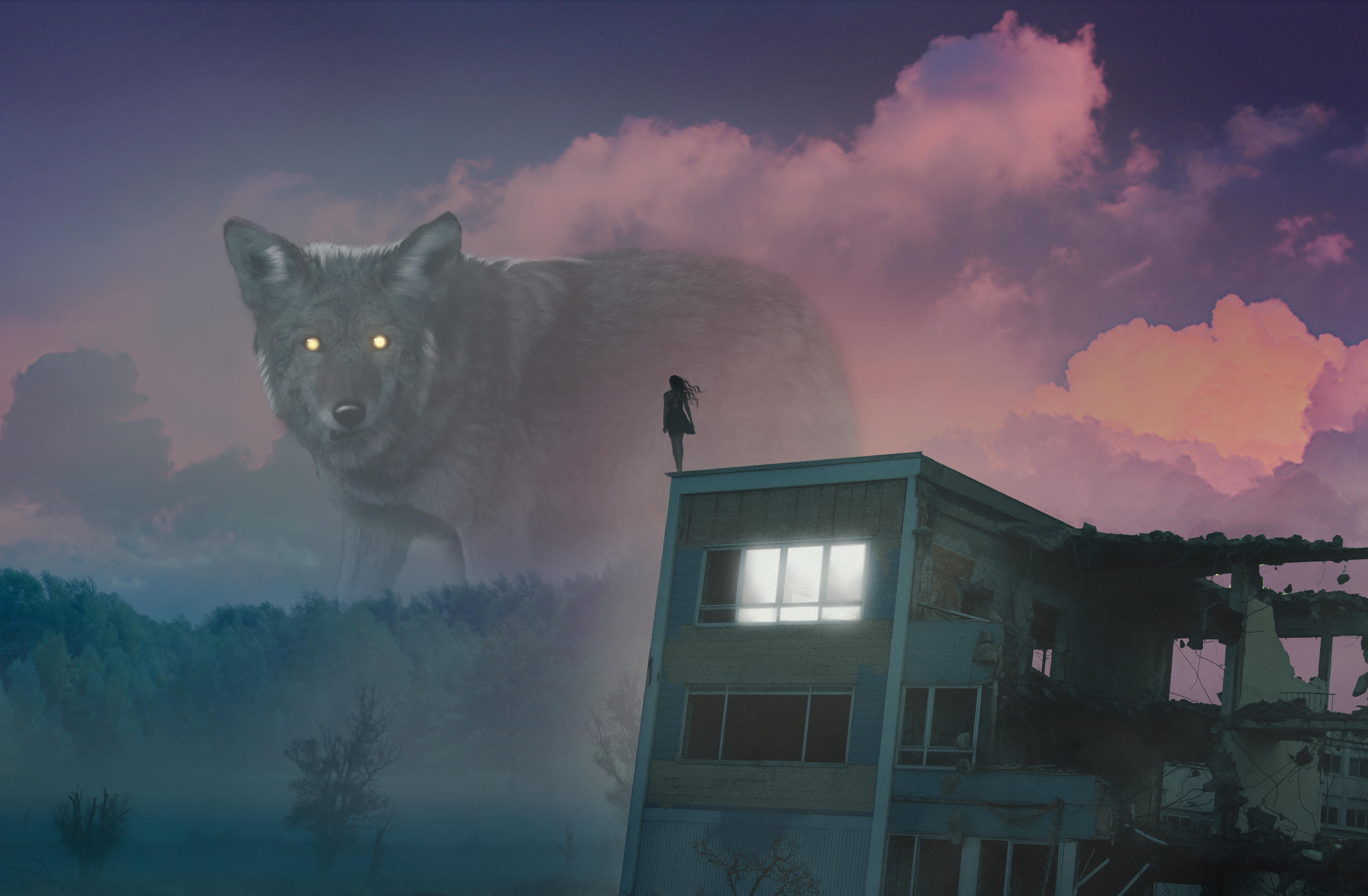Download mobile wallpaper Illusion, Roof, Fog, Giant, Art, Wolf, Girl for free.