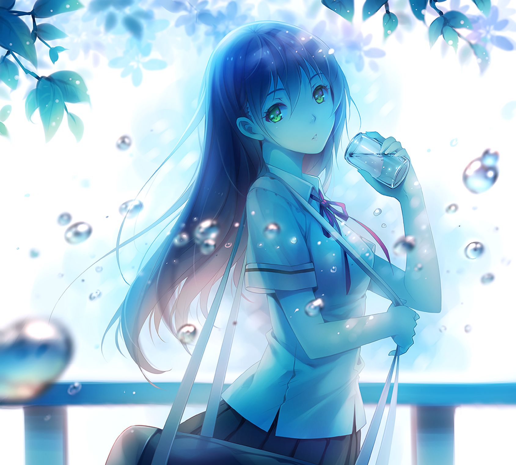 Download mobile wallpaper Anime, Cup, Leaf, Bubble, Yellow Eyes, Original, Long Hair for free.