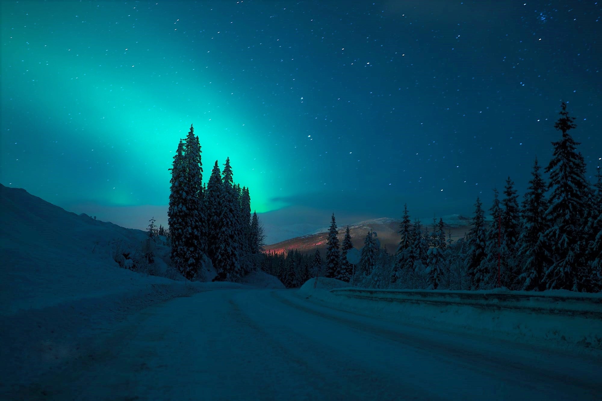 Download mobile wallpaper Winter, Sky, Night, Snow, Light, Road, Earth, Aurora Borealis for free.