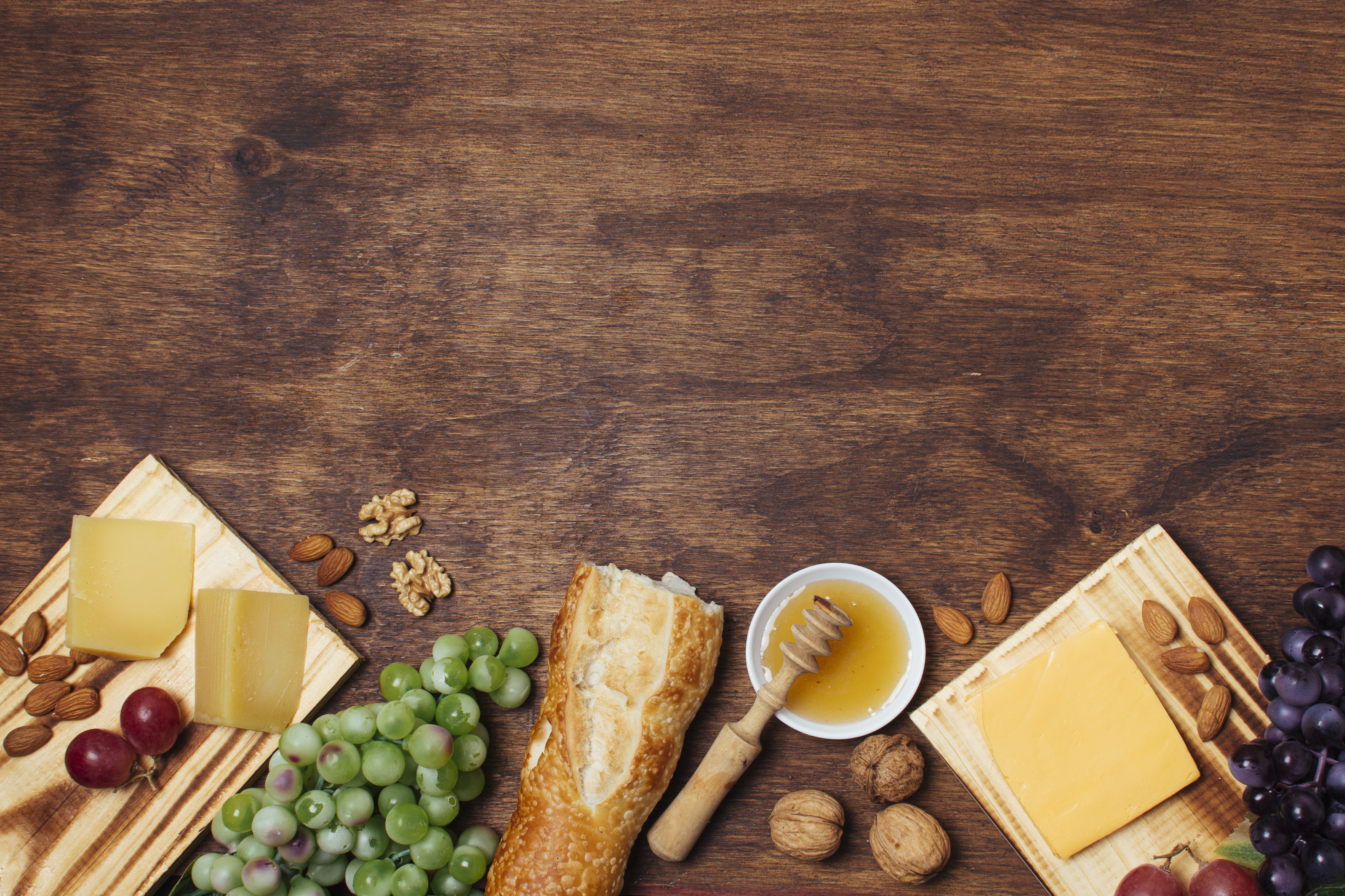 無料モバイル壁紙チーズ, 静物, パン, 食べ物, ぶどう, ハニーをダウンロードします。