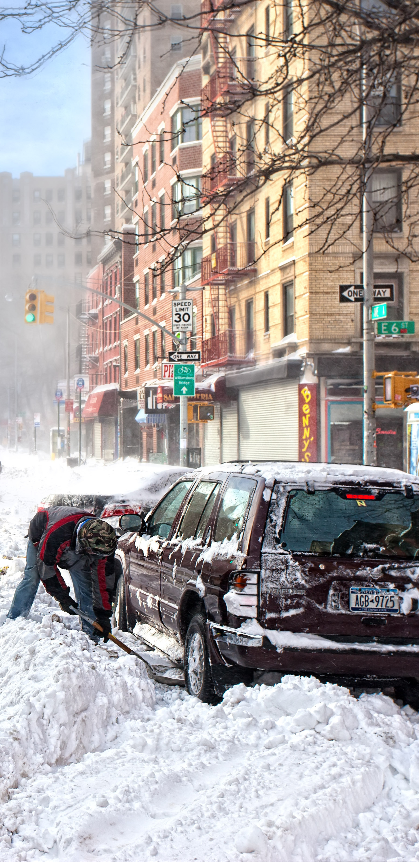 Download mobile wallpaper Winter, Snow, City, Building, Car, Photography, Snowfall for free.