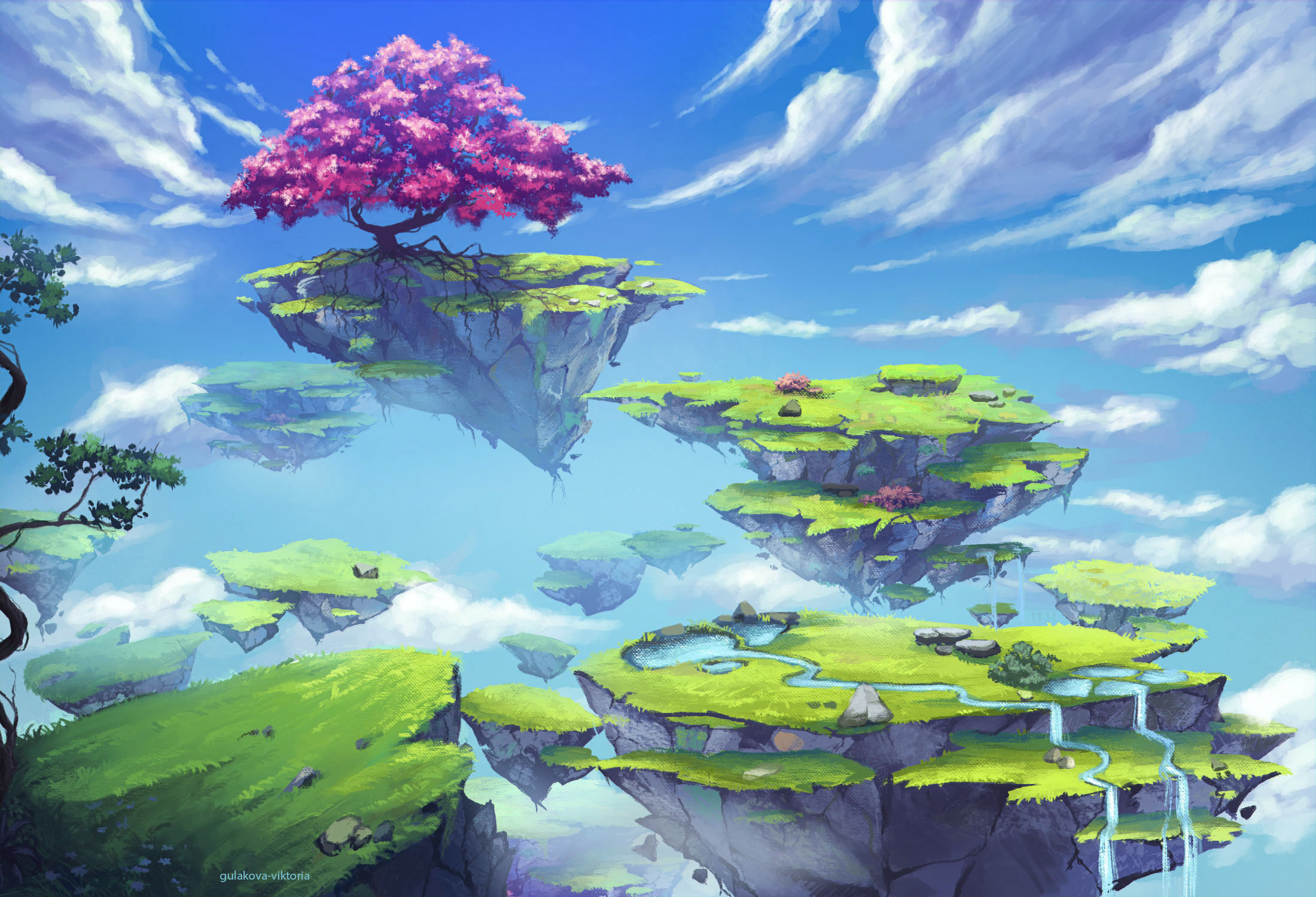 floating island, fantasy, landscape, sky, tree, waterfall