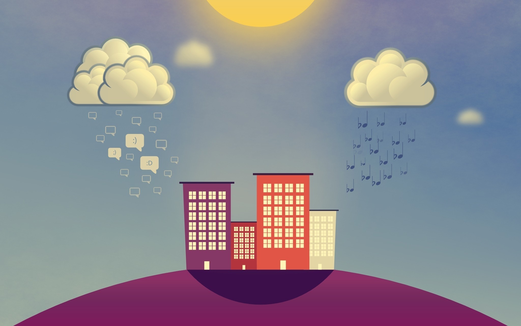 music, rain, clouds, vector, building, notes, smilies, smiles 4K, Ultra HD