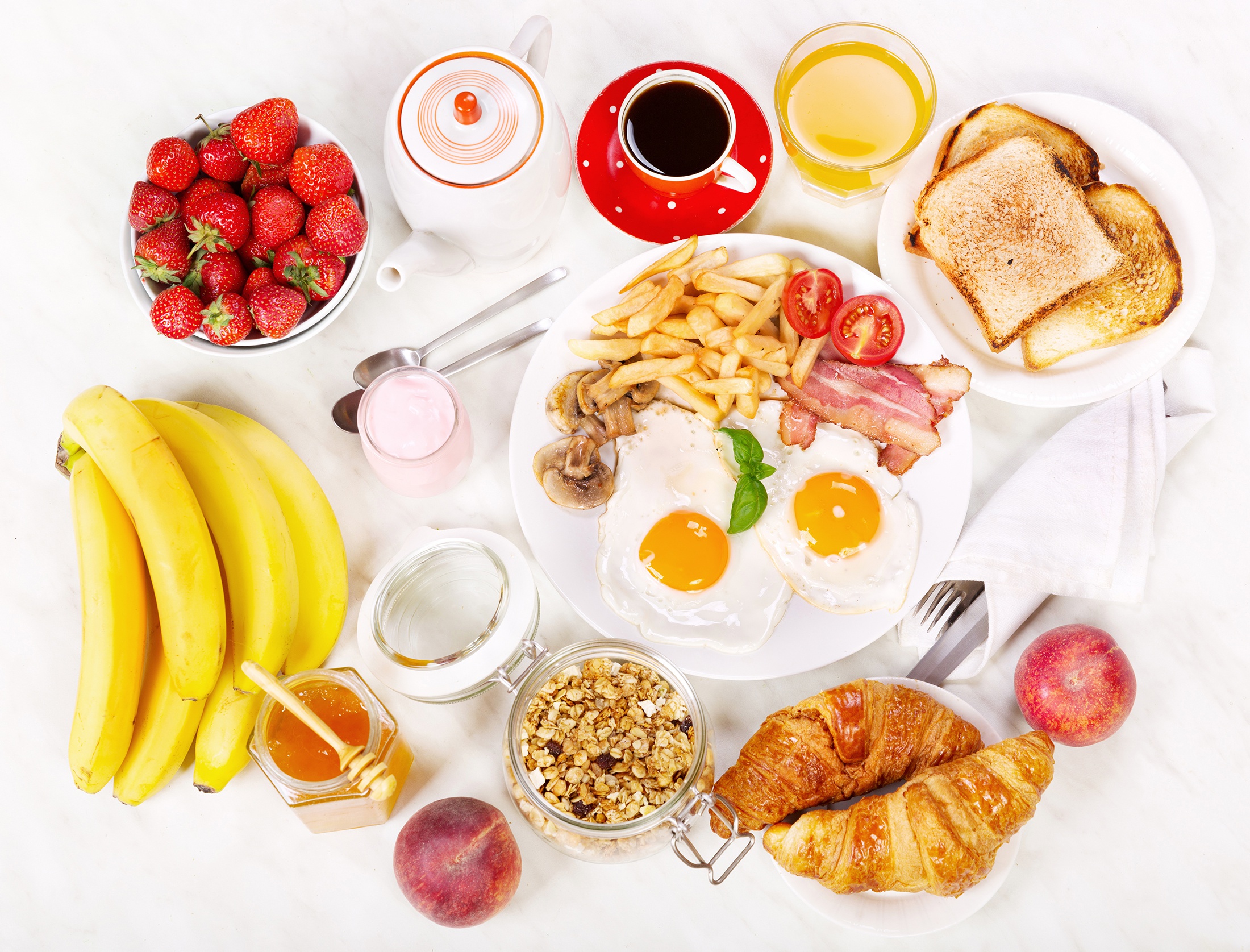 PCデスクトップにフルーツ, 卵, クロワッサン, 静物, 朝ごはん, 食べ物画像を無料でダウンロード