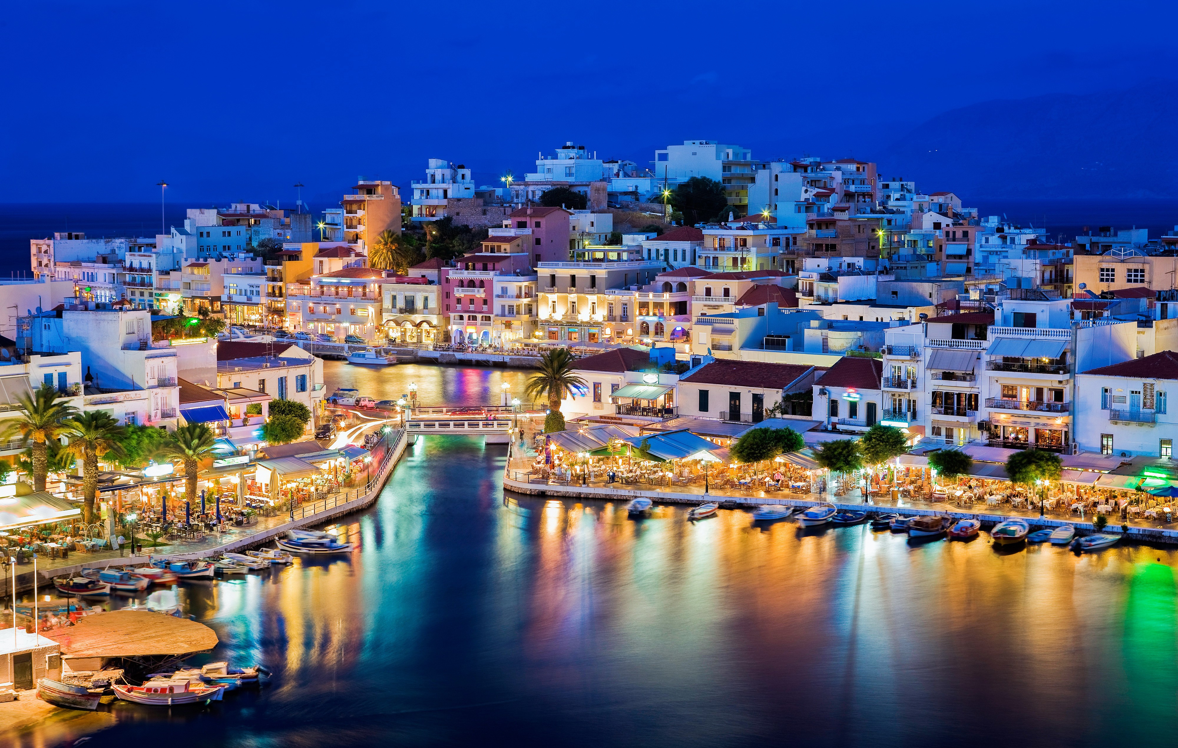 village, crete, man made, greece, house, light, night, reflection