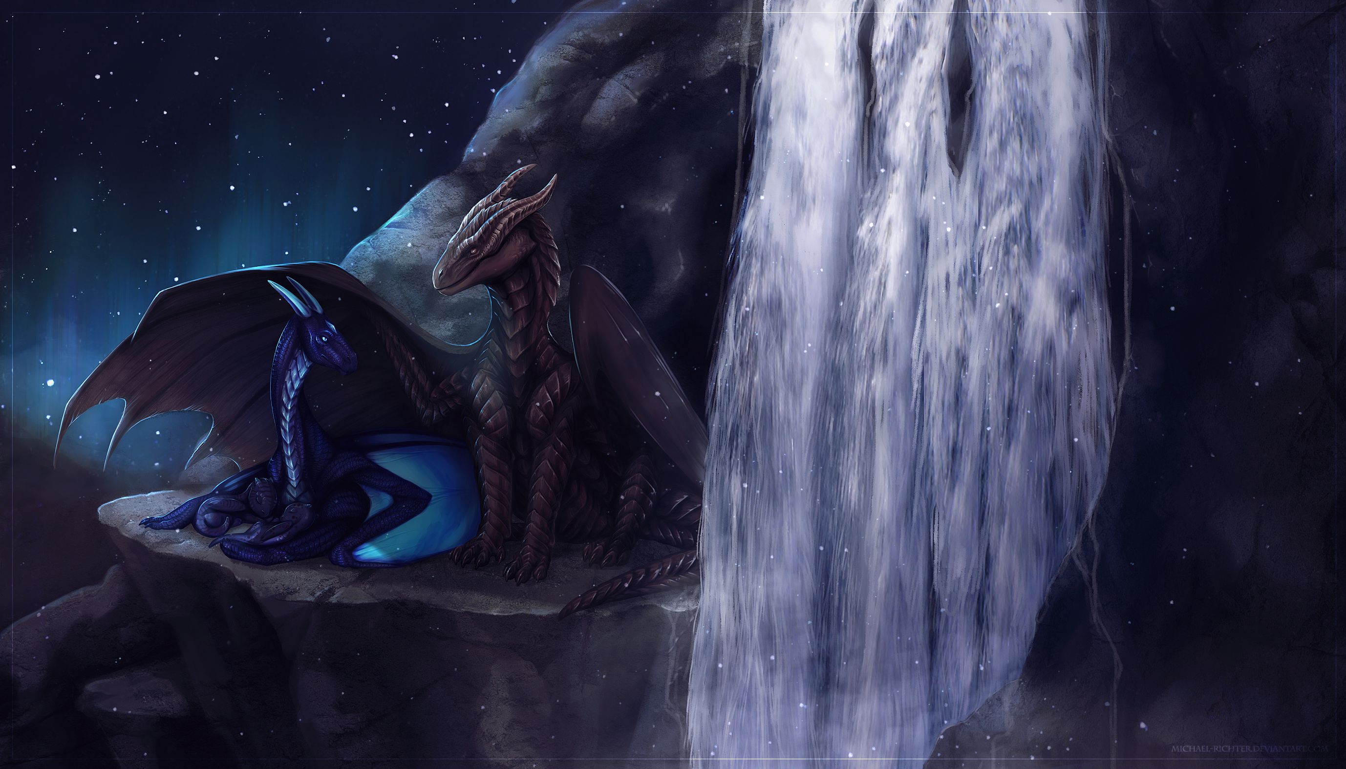 Handy-Wallpaper Fantasie, Wasserfall, Drachen kostenlos herunterladen.