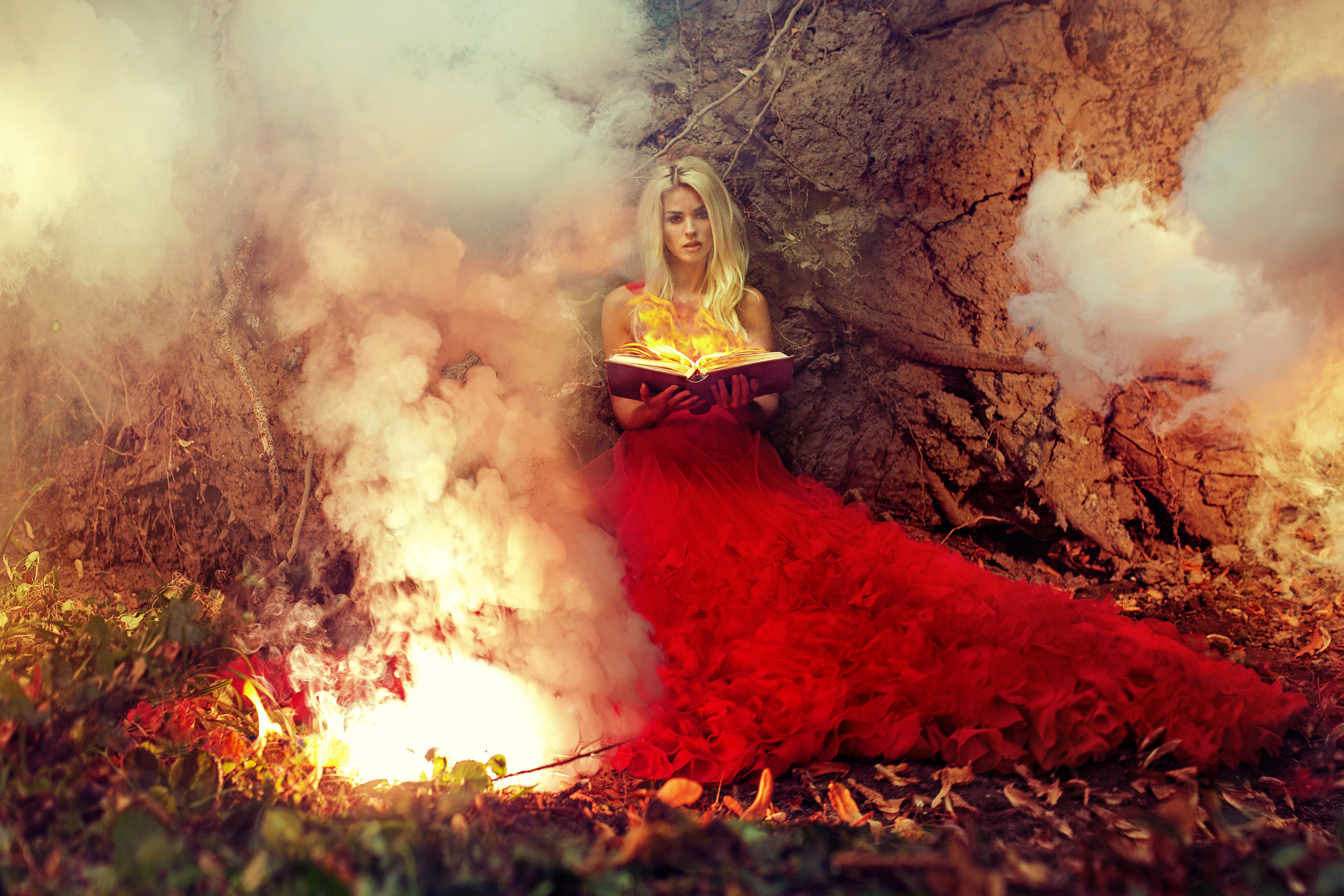 Download mobile wallpaper Fantasy, Fire, Book, Blonde, Women, Red Dress for free.