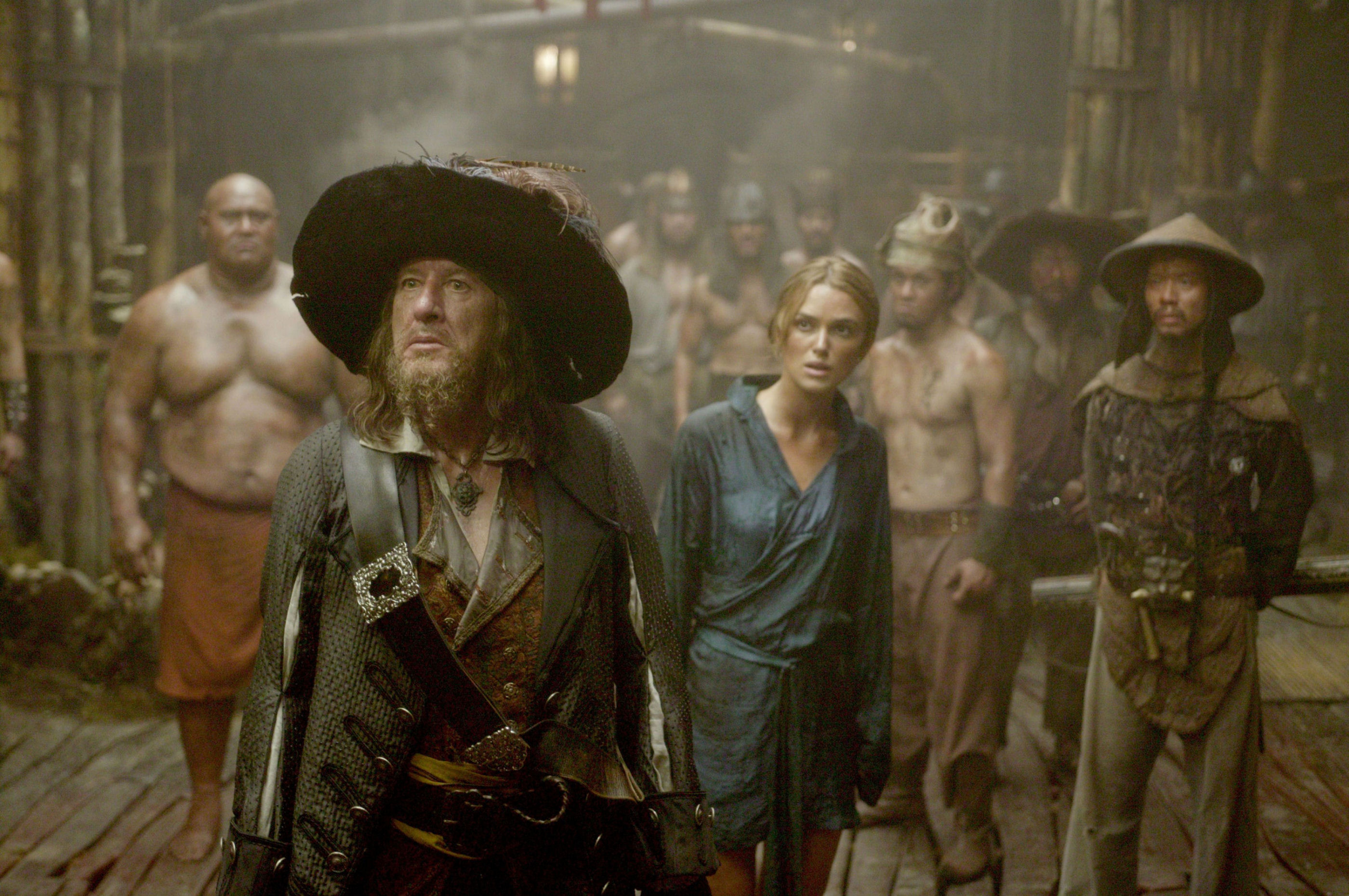 Download mobile wallpaper Pirates Of The Caribbean: At World's End, Elizabeth Swann, Geoffrey Rush, Hector Barbossa, Keira Knightley, Pirates Of The Caribbean, Movie for free.