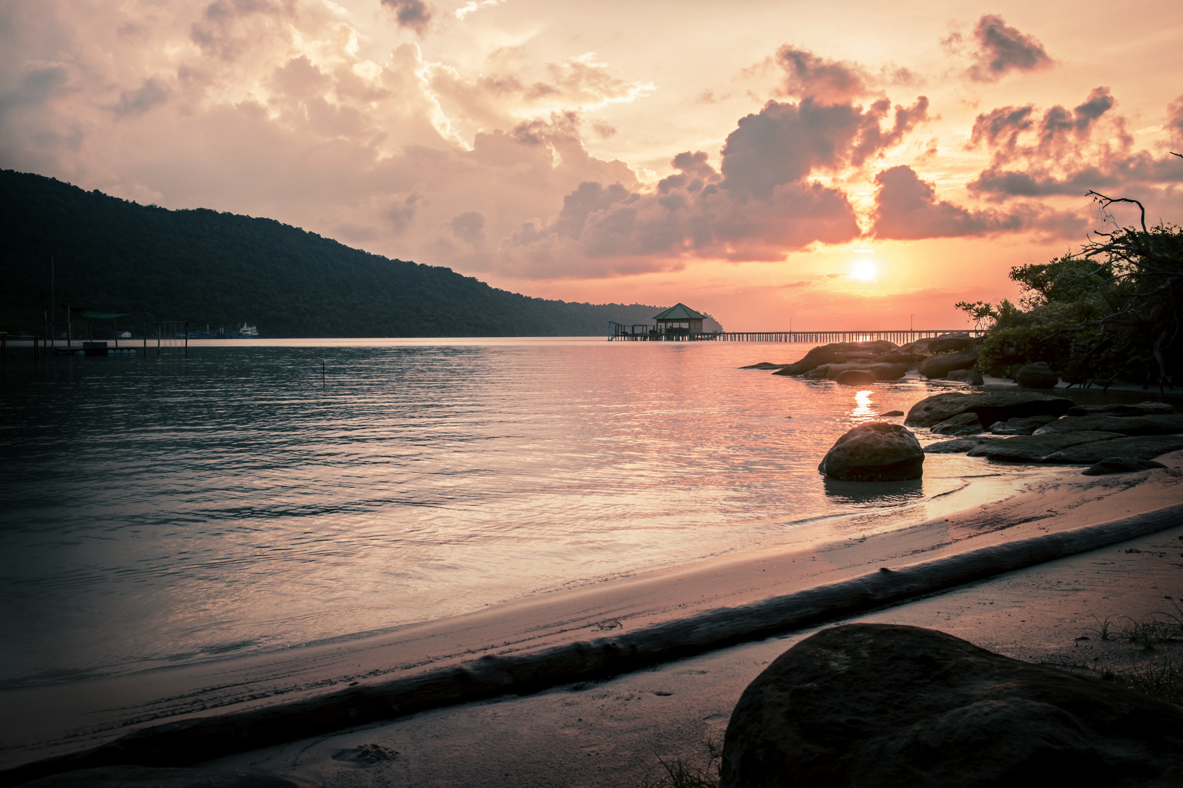 Free download wallpaper Sunset, Beach, Sand, Lakes, Lake, Shore, Pier, Island, Photography on your PC desktop