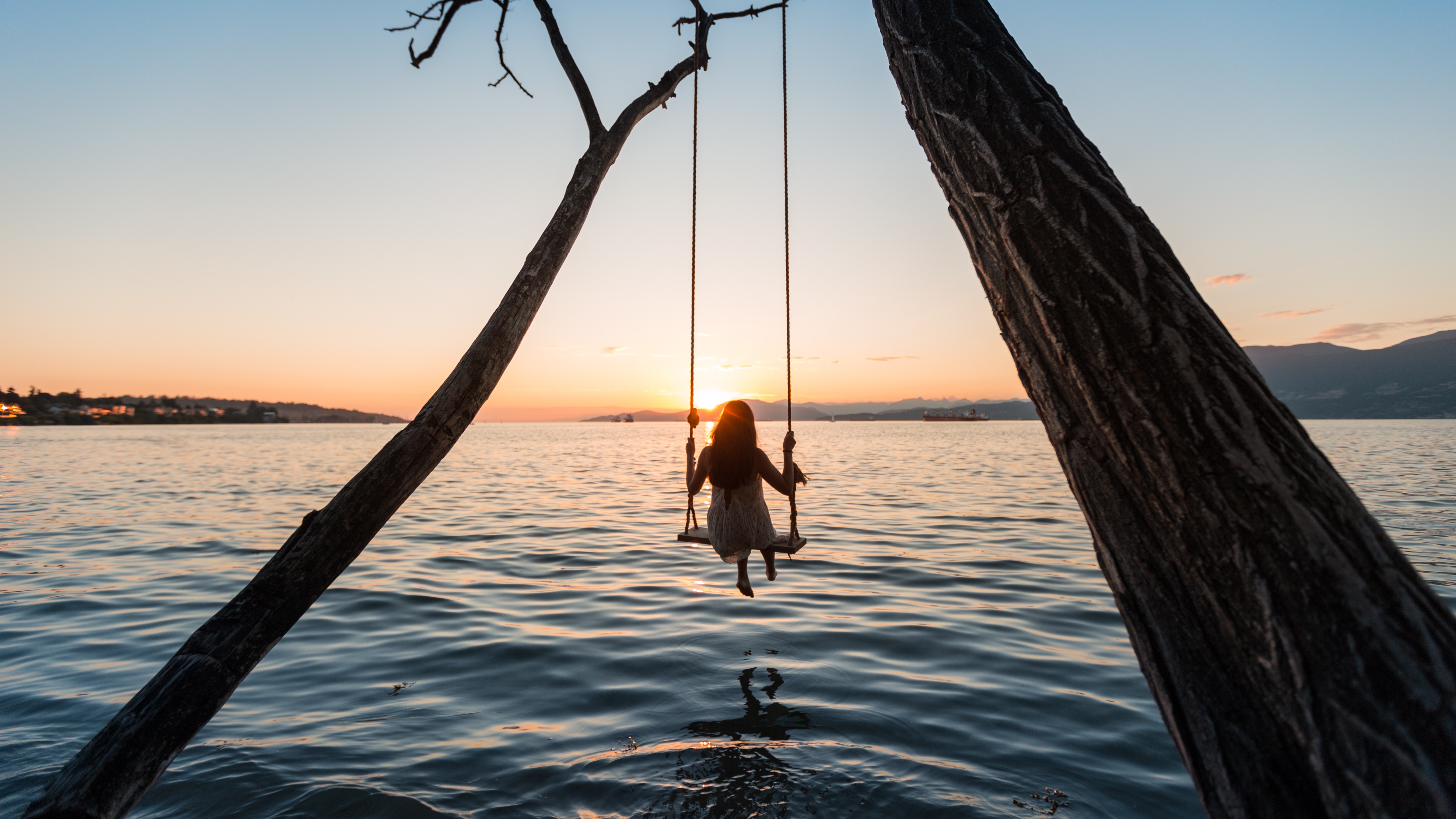 swing, girl, nature, rivers, sunset, lake