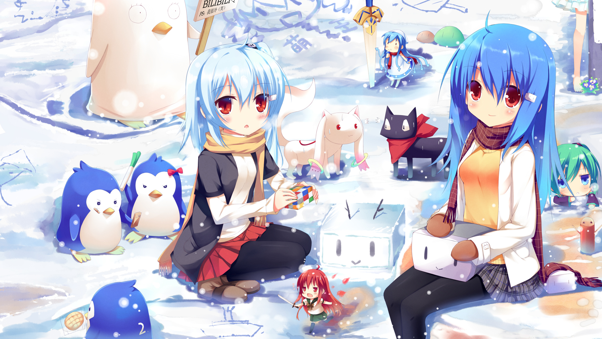Download mobile wallpaper Clannad, Scenery, Penguin, Crossover, Season, Cat, Light, Snow, Winter, Blue Hair, Red Eyes, Anime for free.