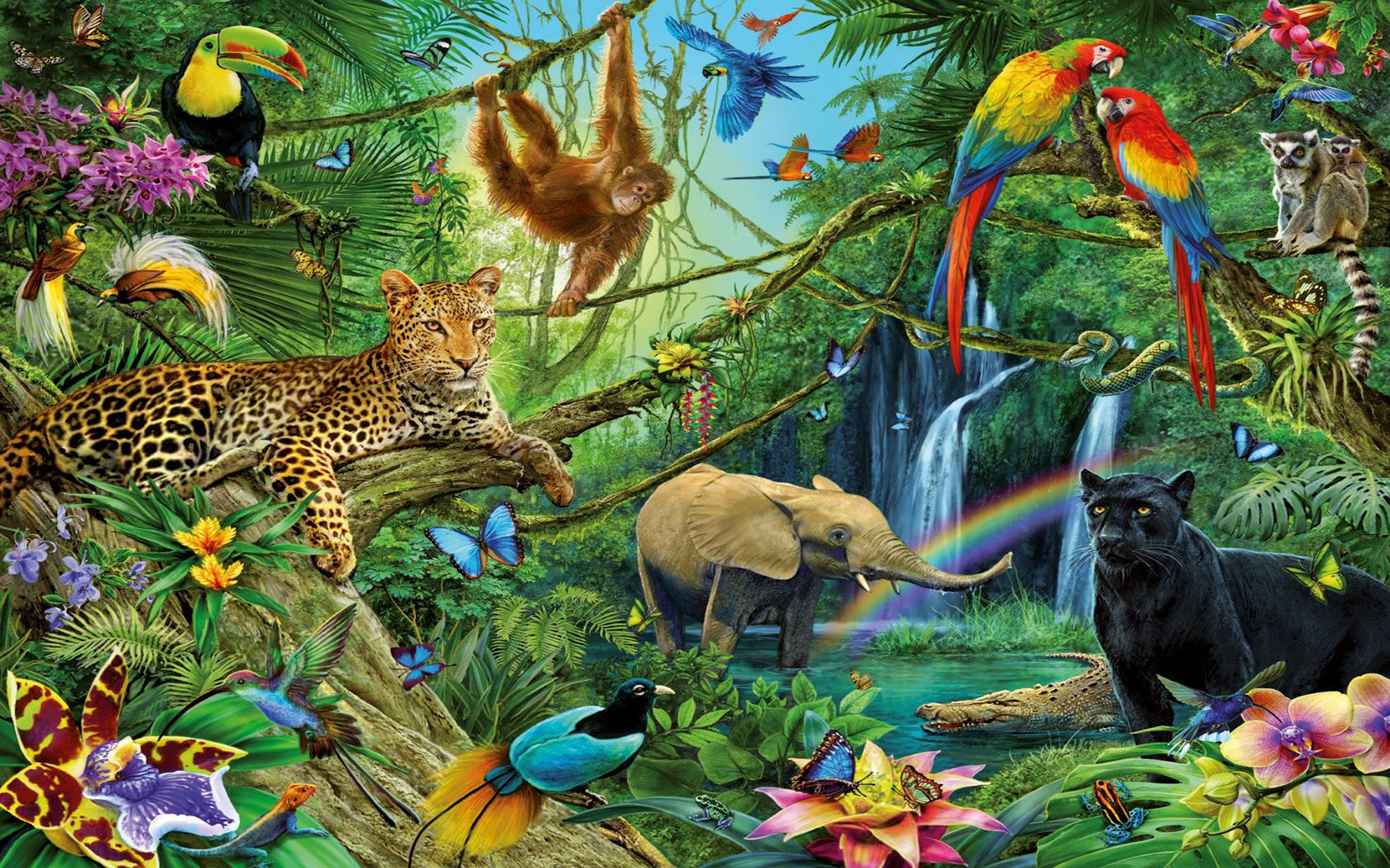 758719 descargar fondo de pantalla pintura, artístico, pantera negra, elefante, selva, lémur, leopardo, mono, loro, tucán: protectores de pantalla e imágenes gratis