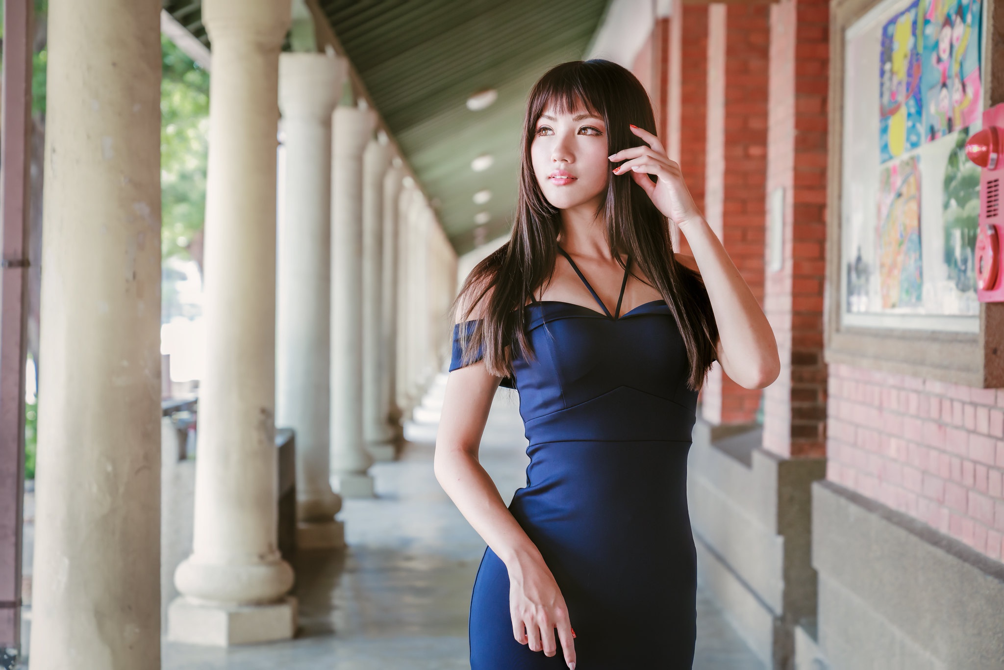 Download mobile wallpaper Brunette, Model, Women, Asian, Blue Dress, Depth Of Field for free.