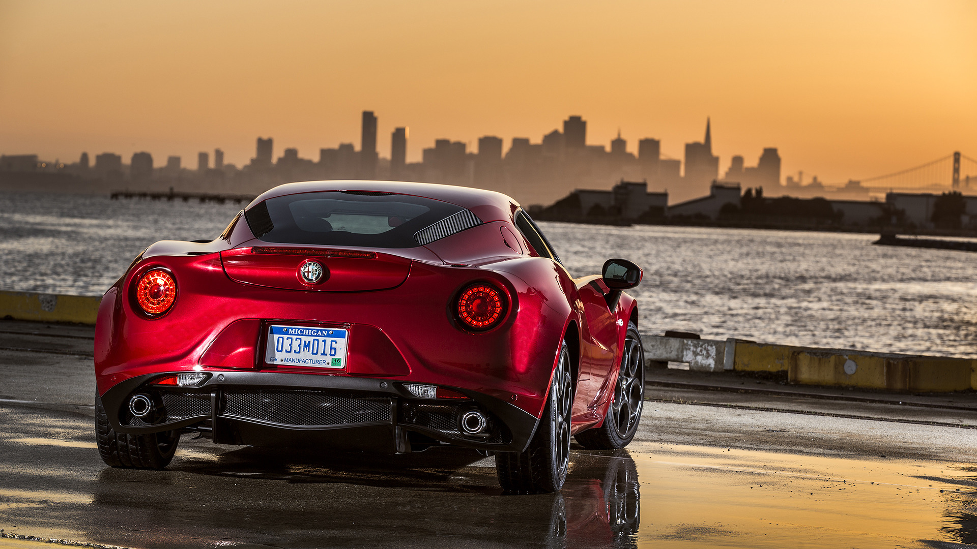 Download mobile wallpaper Water, Sunset, Alfa Romeo, City, Alfa Romeo 4C, Vehicles, Alfa Romeo 4C Coupe for free.