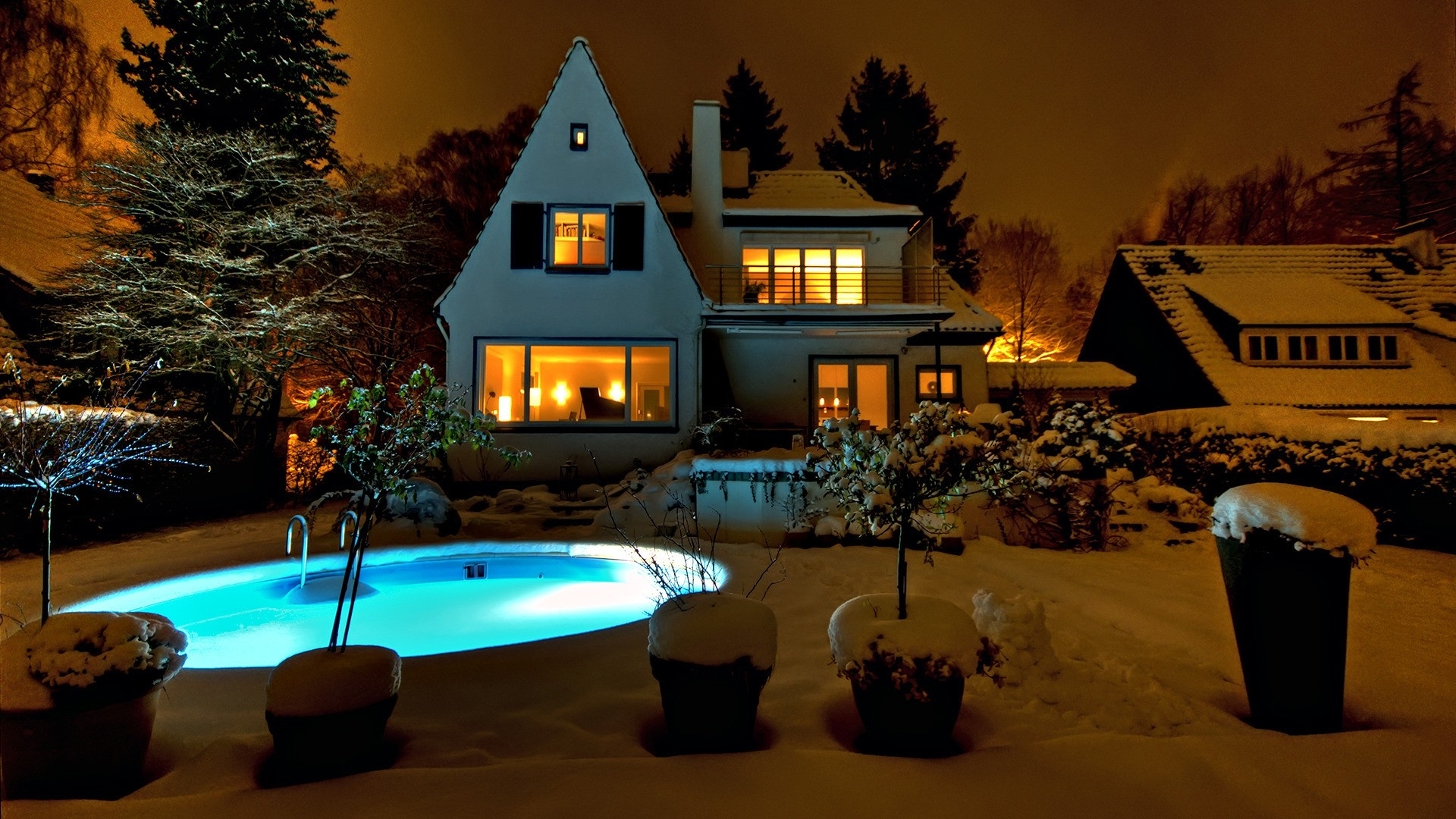 Download mobile wallpaper Winter, Night, Architecture, Snow, Building, Light, House, Glow, Photography, Place for free.