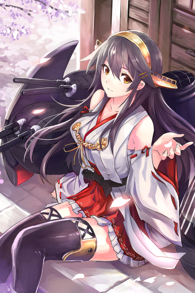 Download mobile wallpaper Anime, Yellow Eyes, Blossom, Long Hair, Purple Hair, Kantai Collection, Traditional Costume, Haruna (Kancolle) for free.