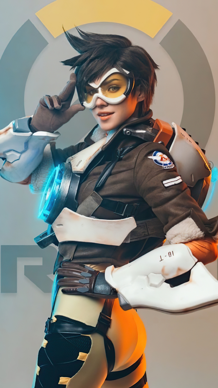 Handy-Wallpaper Frauen, Overwatch, Kurzes Haar, Cosplay, Tracer (Overwatch) kostenlos herunterladen.