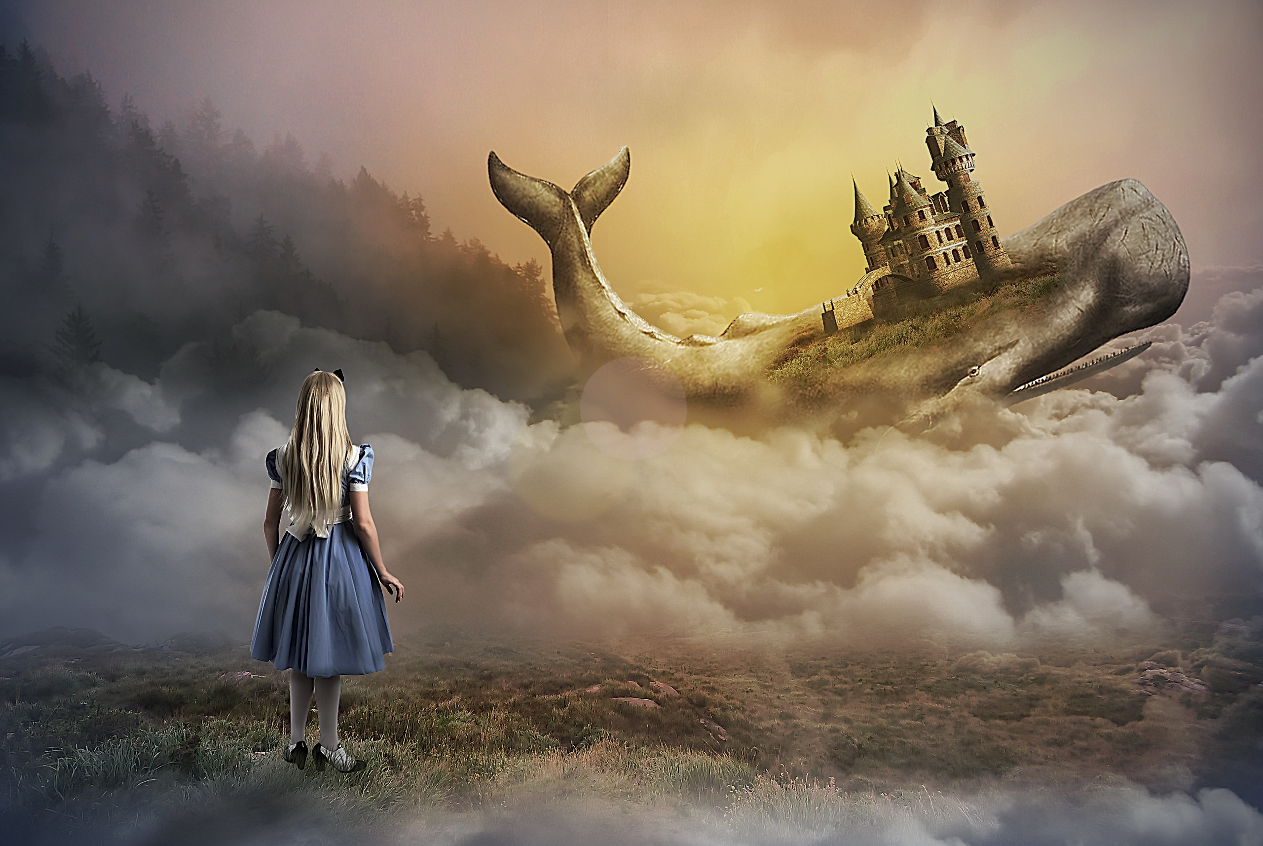 Free download wallpaper Fantasy, Cloud, Child, Blonde, Whale, Castle on your PC desktop
