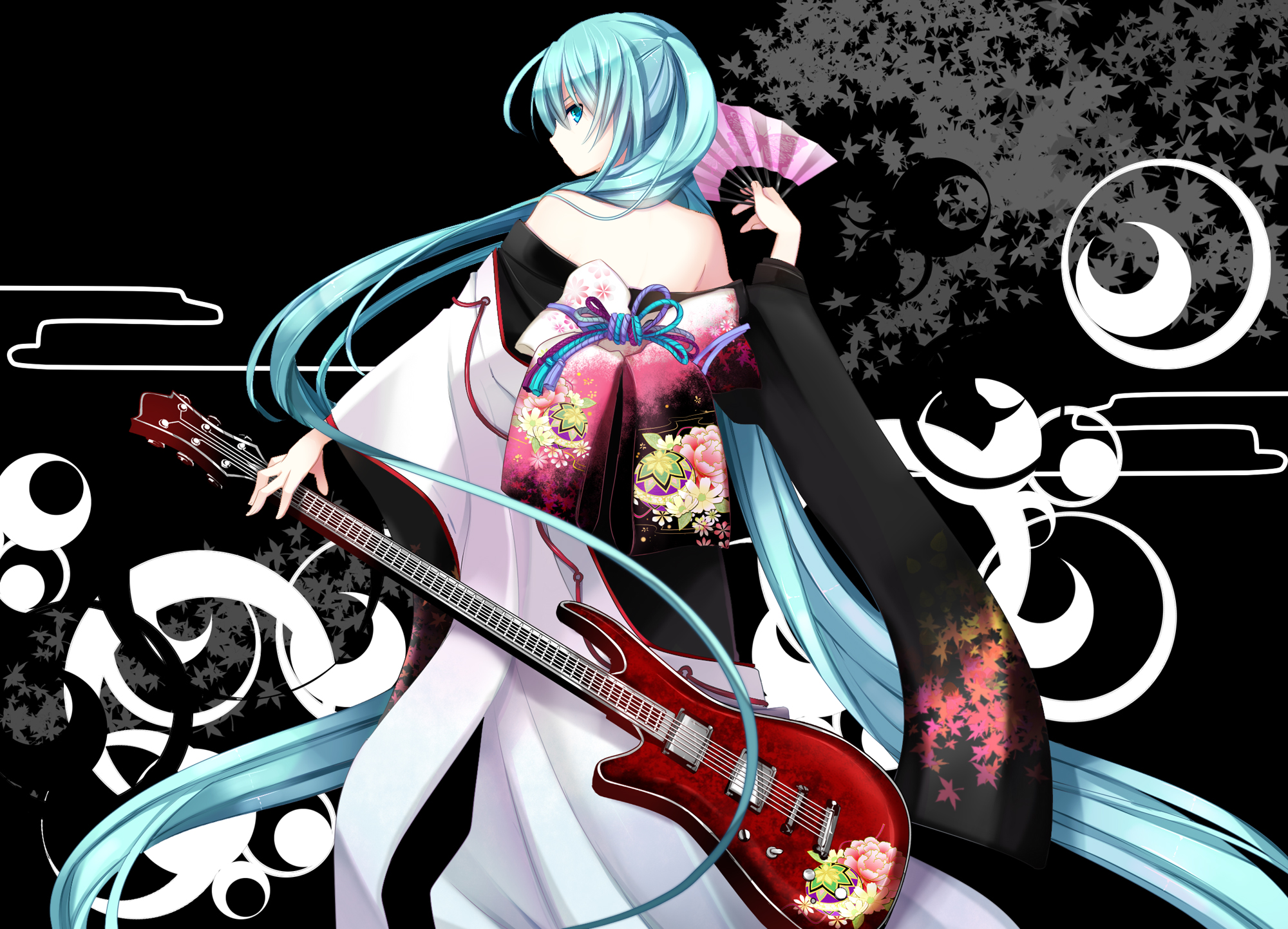 guitar, anime, vocaloid, aqua eyes, aqua hair, black, fan, hatsune miku, kimono, petal