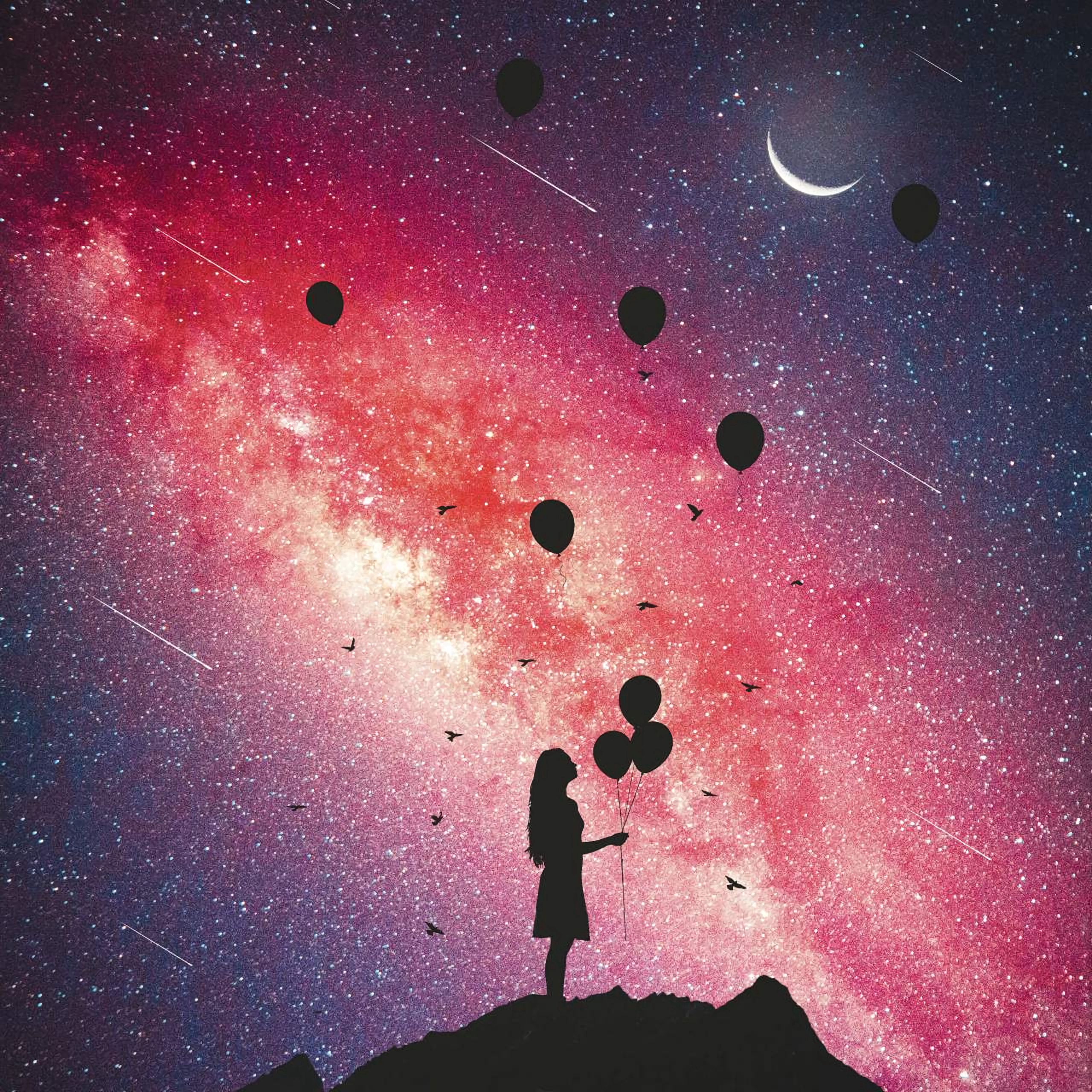 girl, balloons, dark, silhouette, starry sky