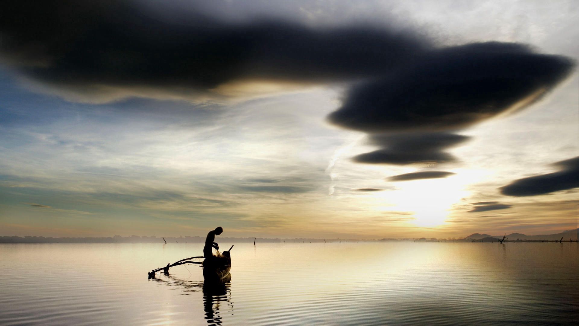 fisherman, nature, sky, clouds, lake, boat cellphone
