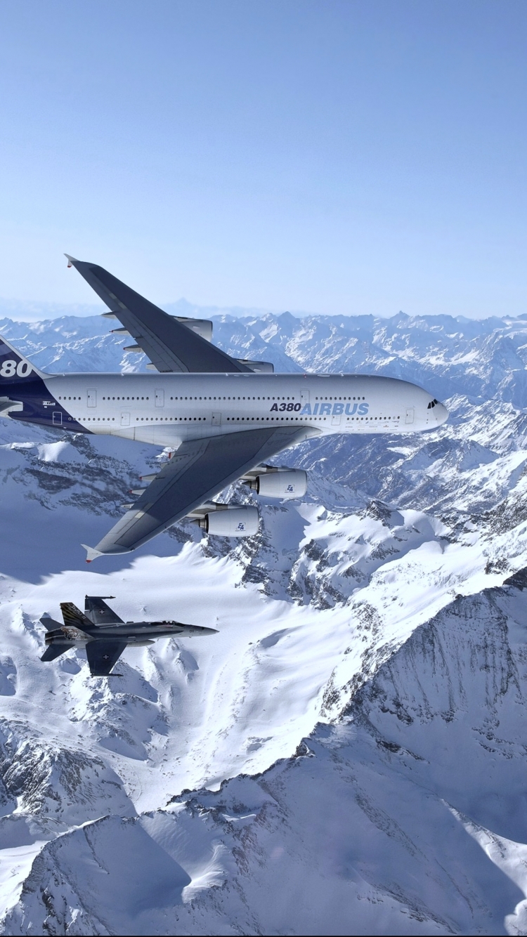 無料モバイル壁紙風景, 飛行機, 雪, 山, 戦闘機, 航空機, 乗り物, エアバス, エアバス A380をダウンロードします。