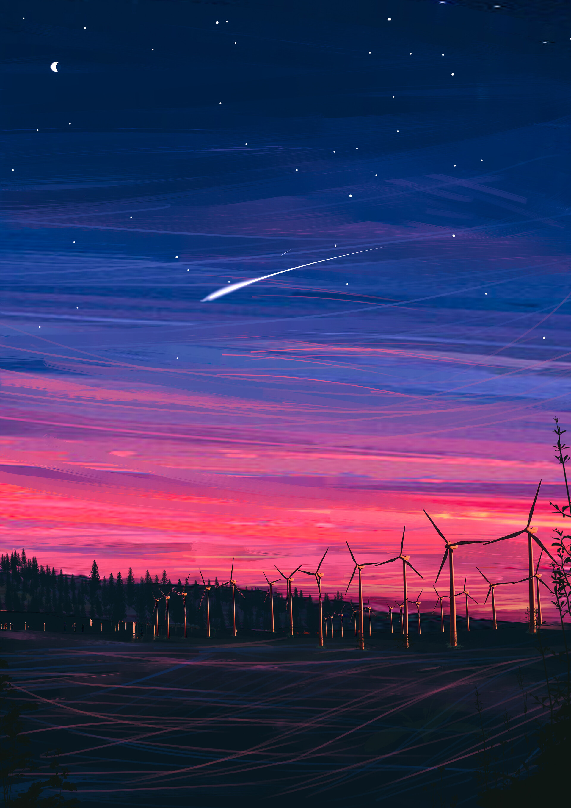art, night, starry sky, wind power plant, turbines, turbine