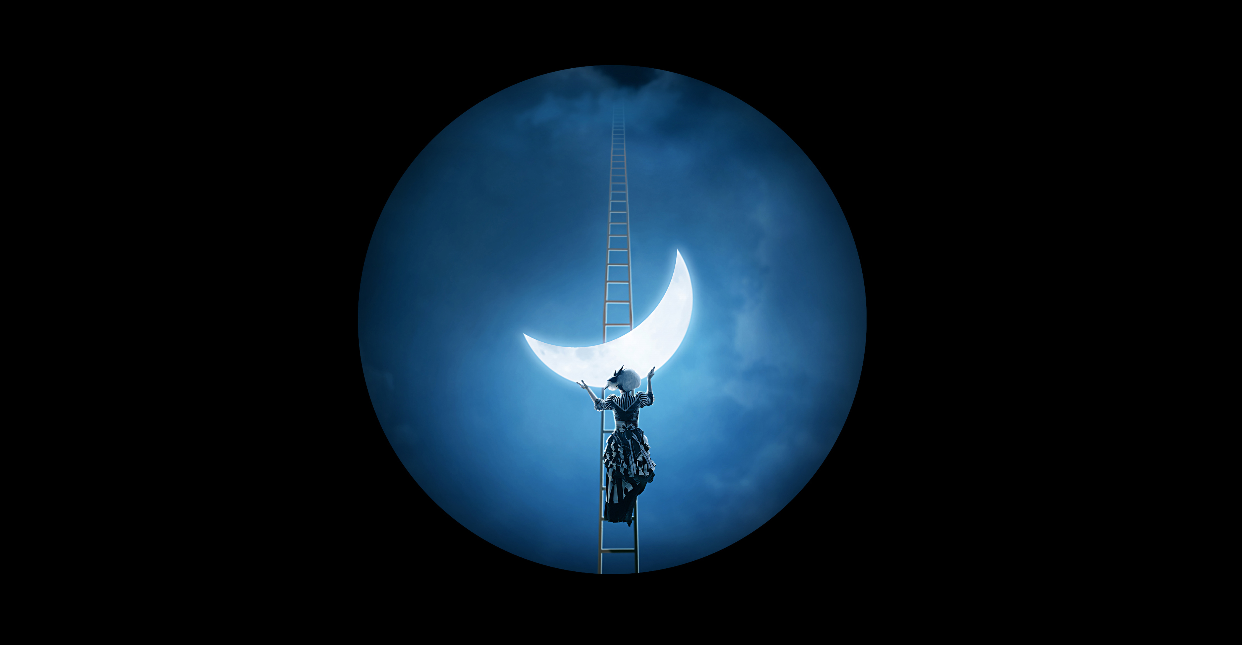 ladder, artistic, moon, crescent Full HD