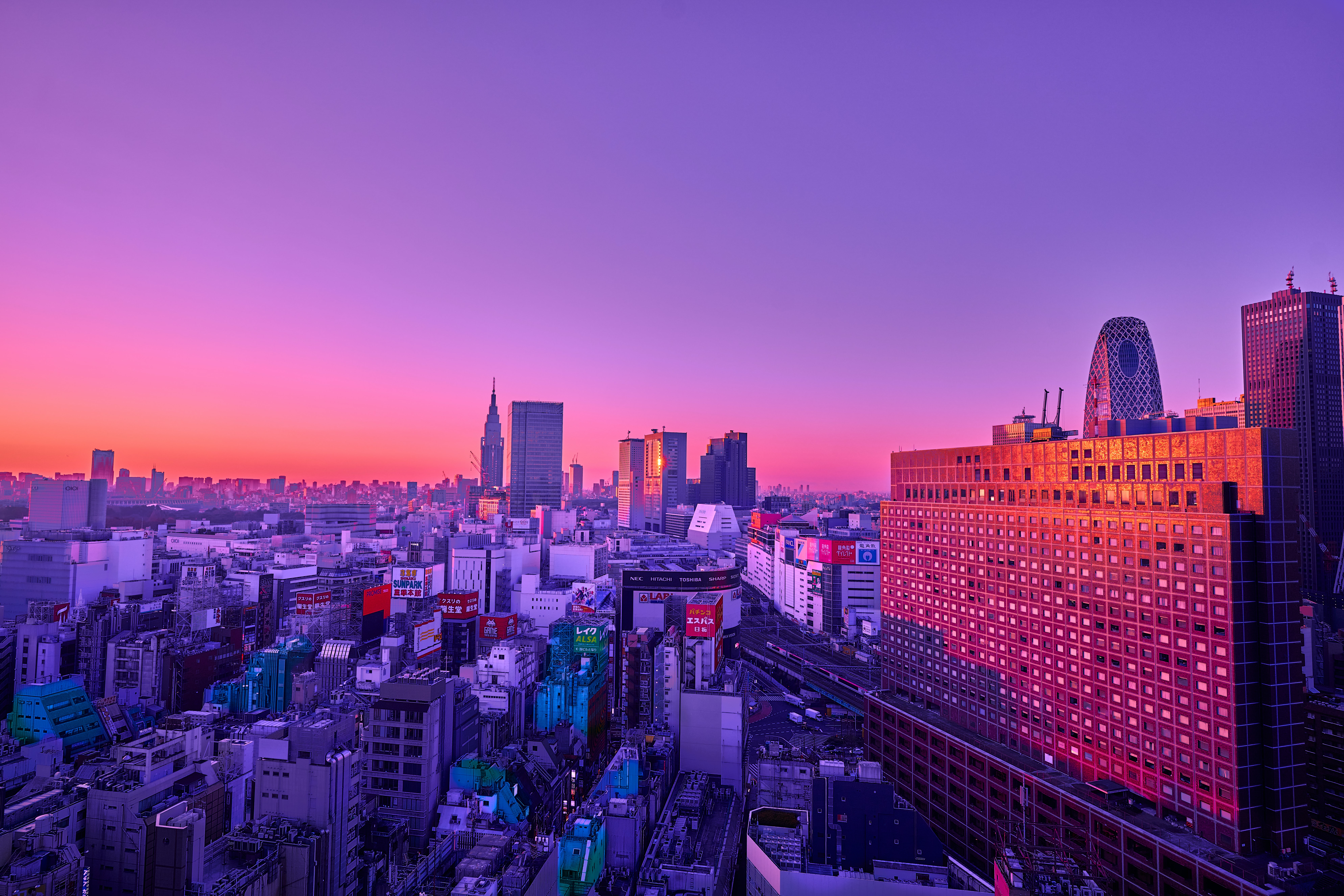cities, twilight, violet, city, building, view from above, dusk, purple