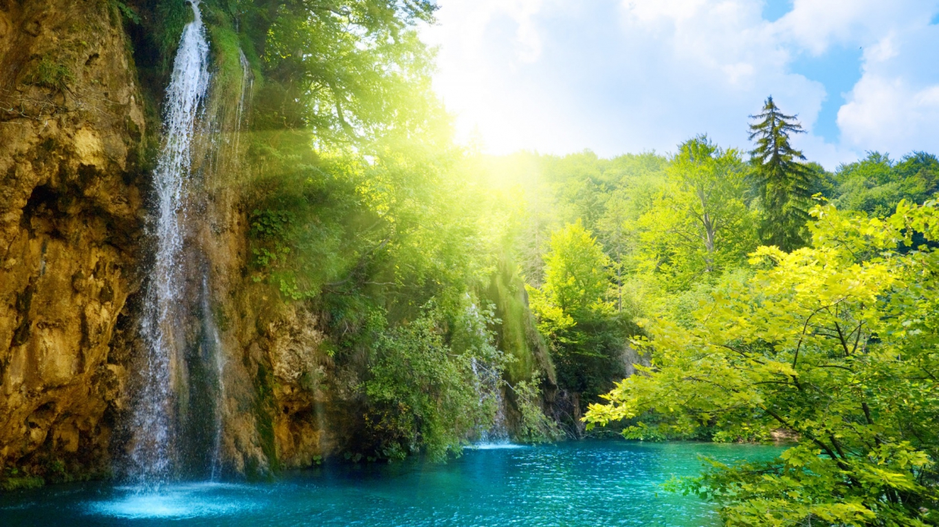 Laden Sie das Wasserfall, Wald, Sonnenstrahl, Erde/natur-Bild kostenlos auf Ihren PC-Desktop herunter