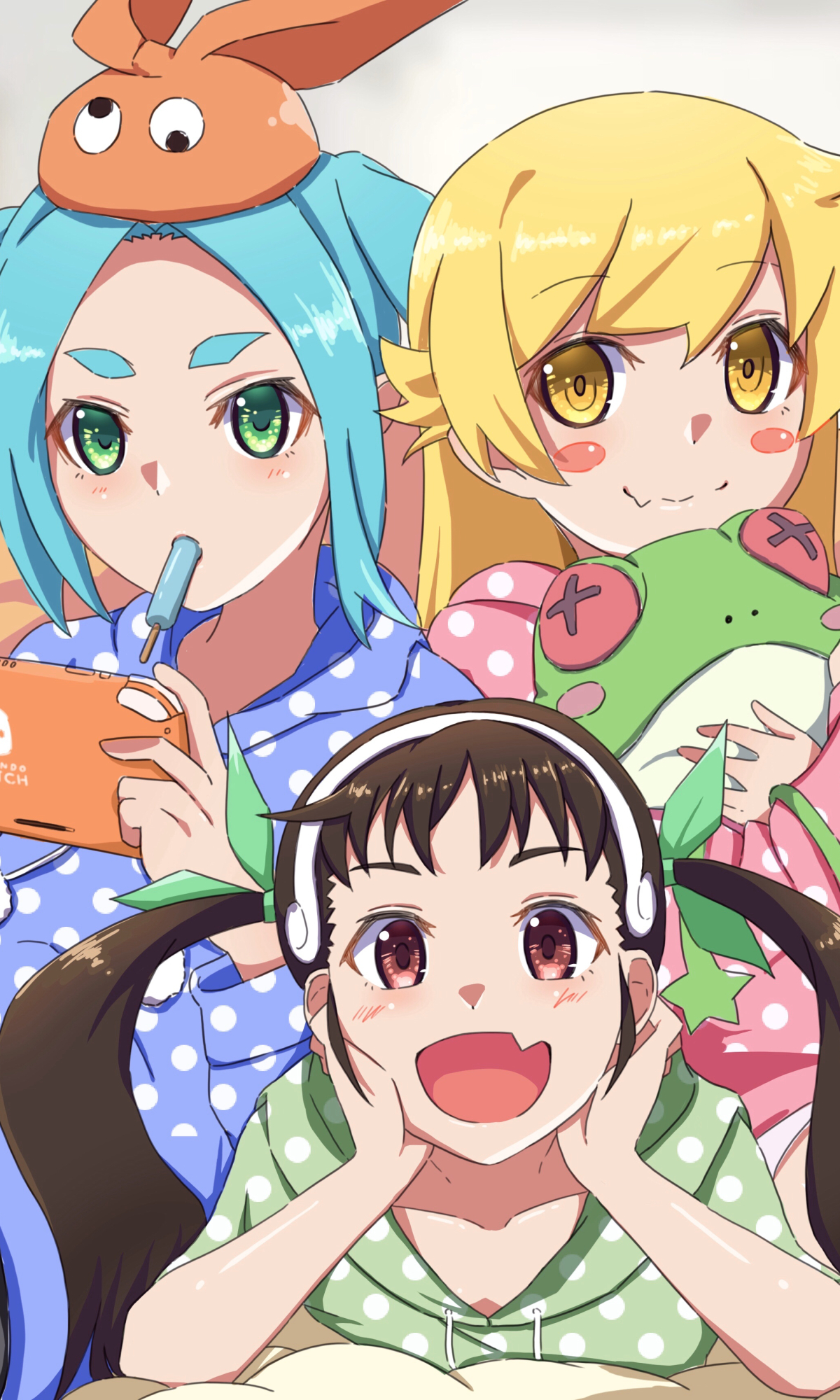 Handy-Wallpaper Animes, Monogatari (Serie), Mayoi Hachikuji, Shinobu Oshino, Yotsugi Ononoki kostenlos herunterladen.