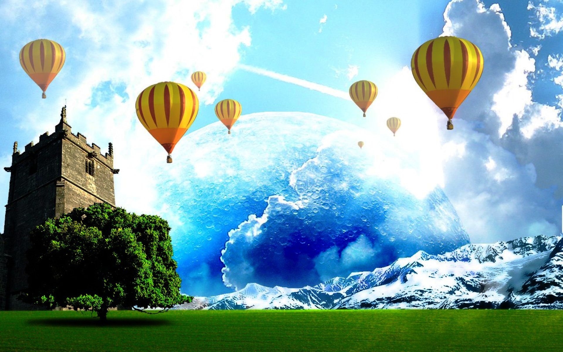 Laden Sie das Fantasie, Ballon, Fotografie, Schloss, Manipulation, Heißluftballon-Bild kostenlos auf Ihren PC-Desktop herunter