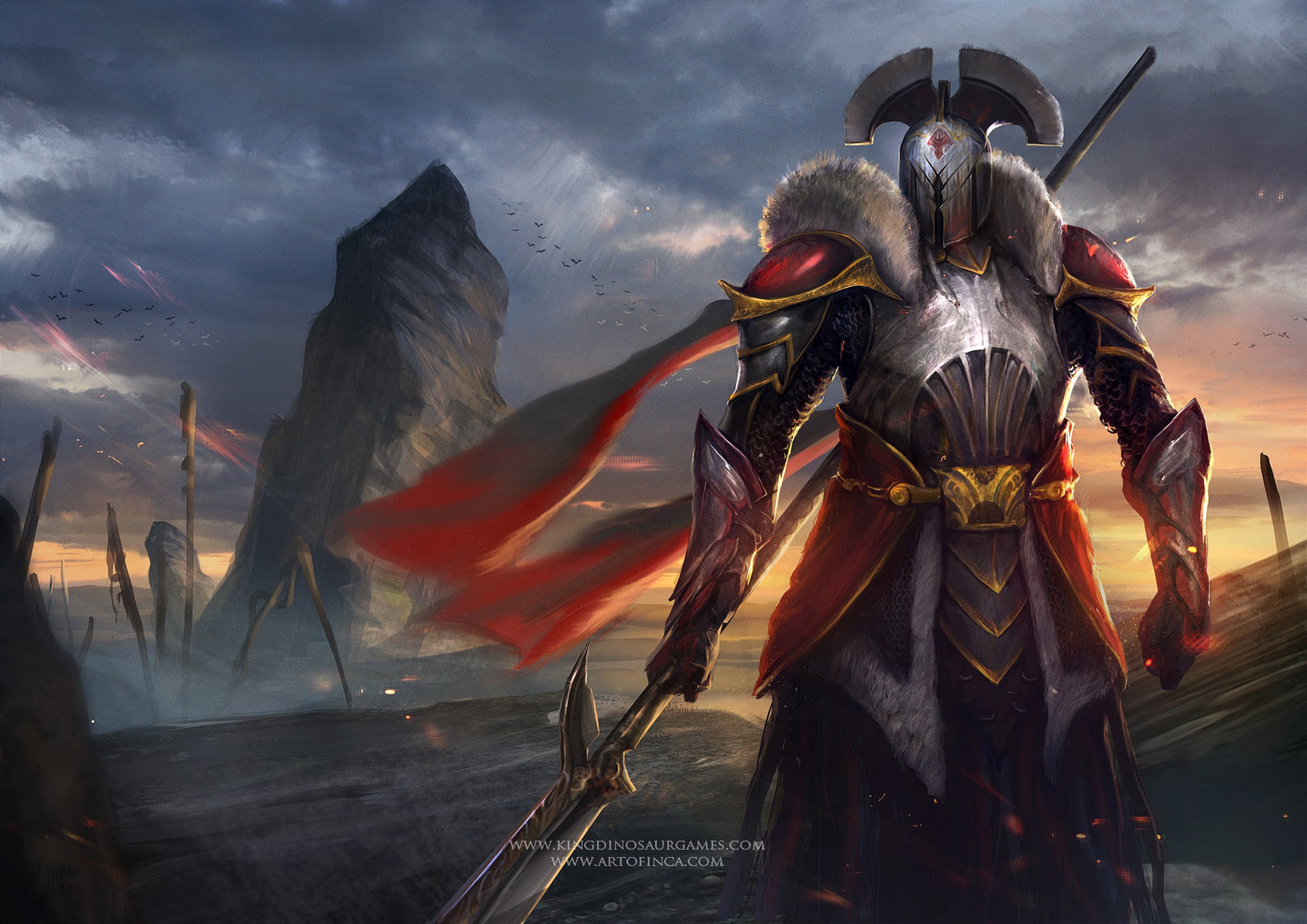 Free download wallpaper Landscape, Fantasy, Helmet, Warrior, Armor, Spear on your PC desktop