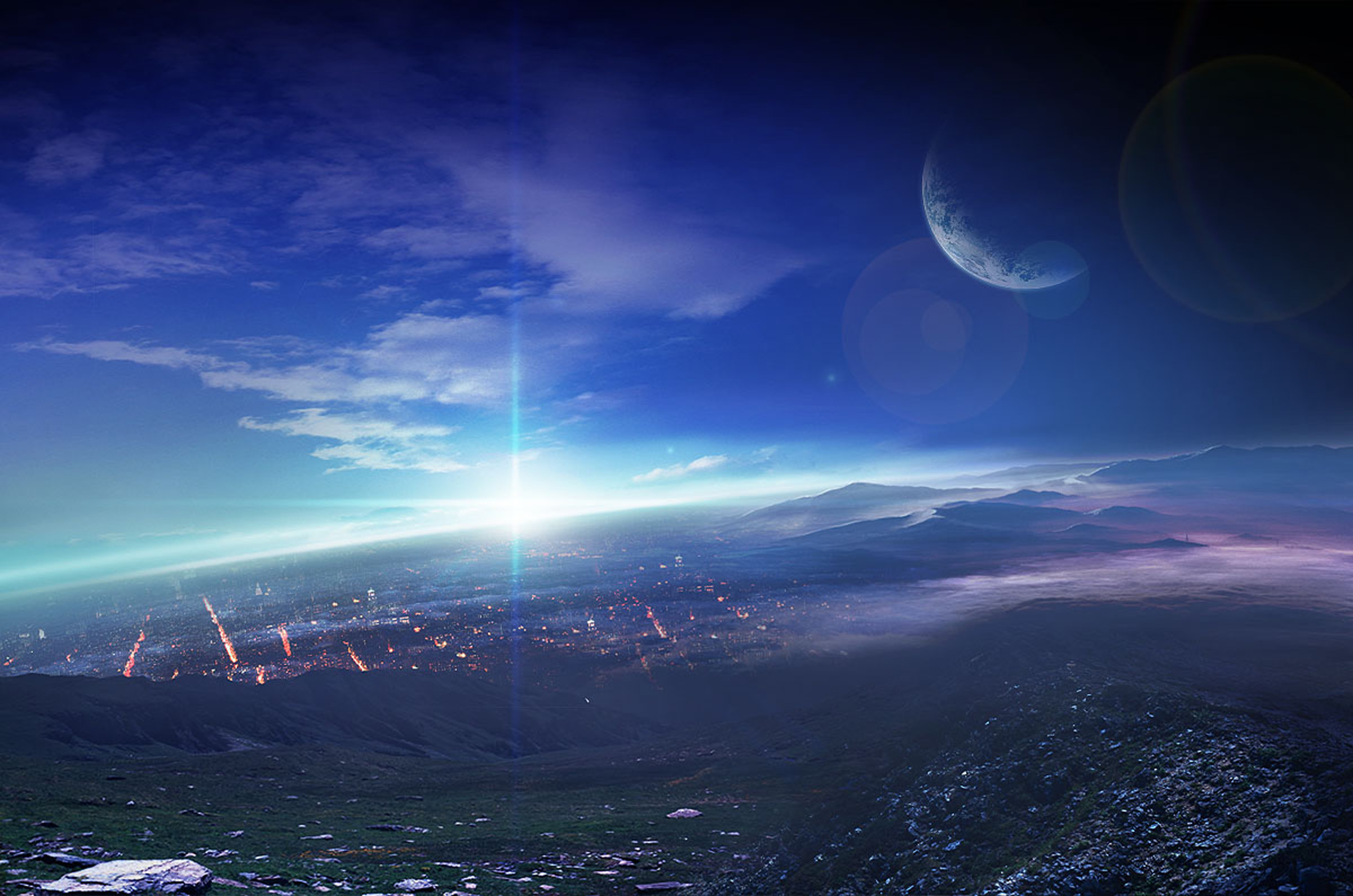 Free download wallpaper Landscape, Sunset, Sky, City, Light, Planet, Sci Fi, Cloud on your PC desktop
