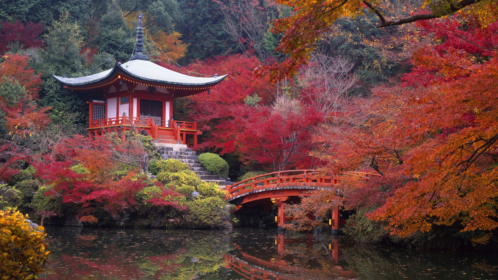 266960 скачать обои япония, мост, природа, религиозные, здание, осень, дайго дзи, вода, киото, религия, храмы, пагода, отражение, японский сад, дерево, храм - заставки и картинки бесплатно