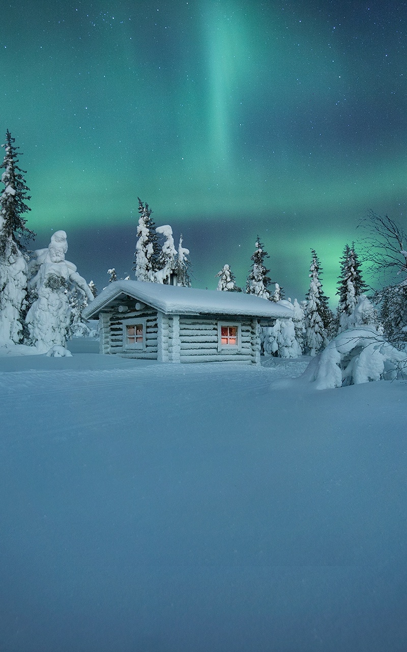 finland, man made, cabin, snow, light, winter, night, sky