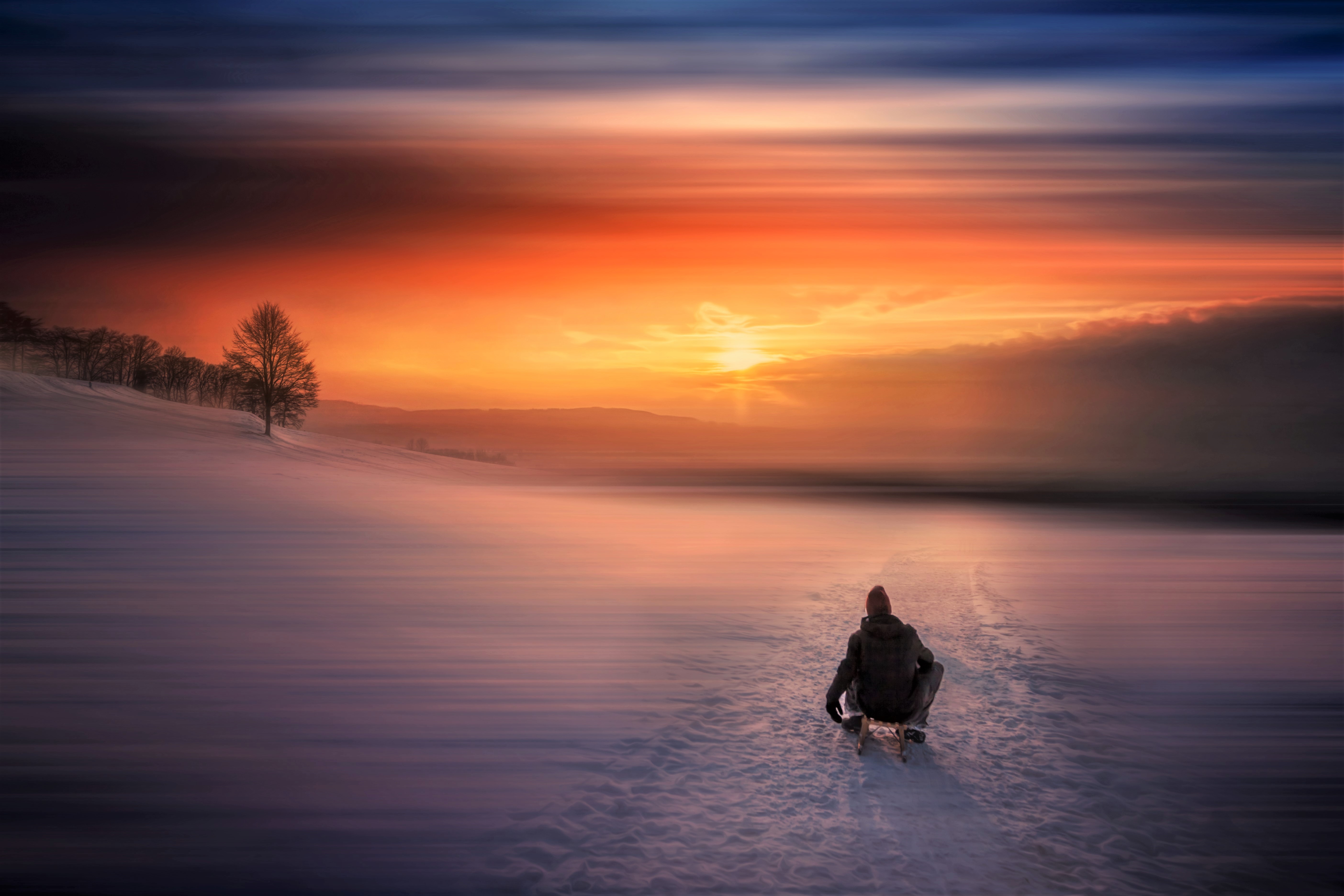 photography, winter, lake, sky, sled, snow, sunset