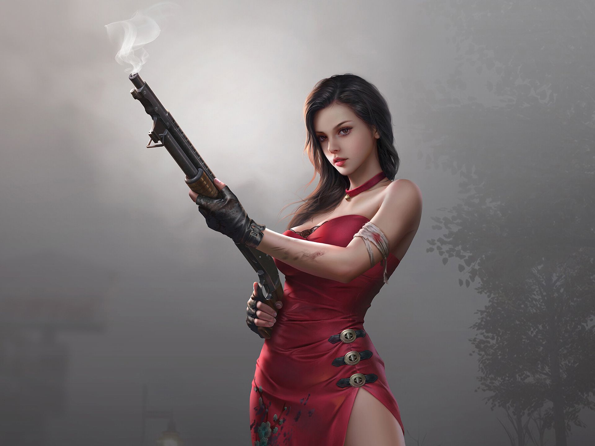 PCデスクトップにファンタジー, 銃, 女戦士, 赤いドレス画像を無料でダウンロード