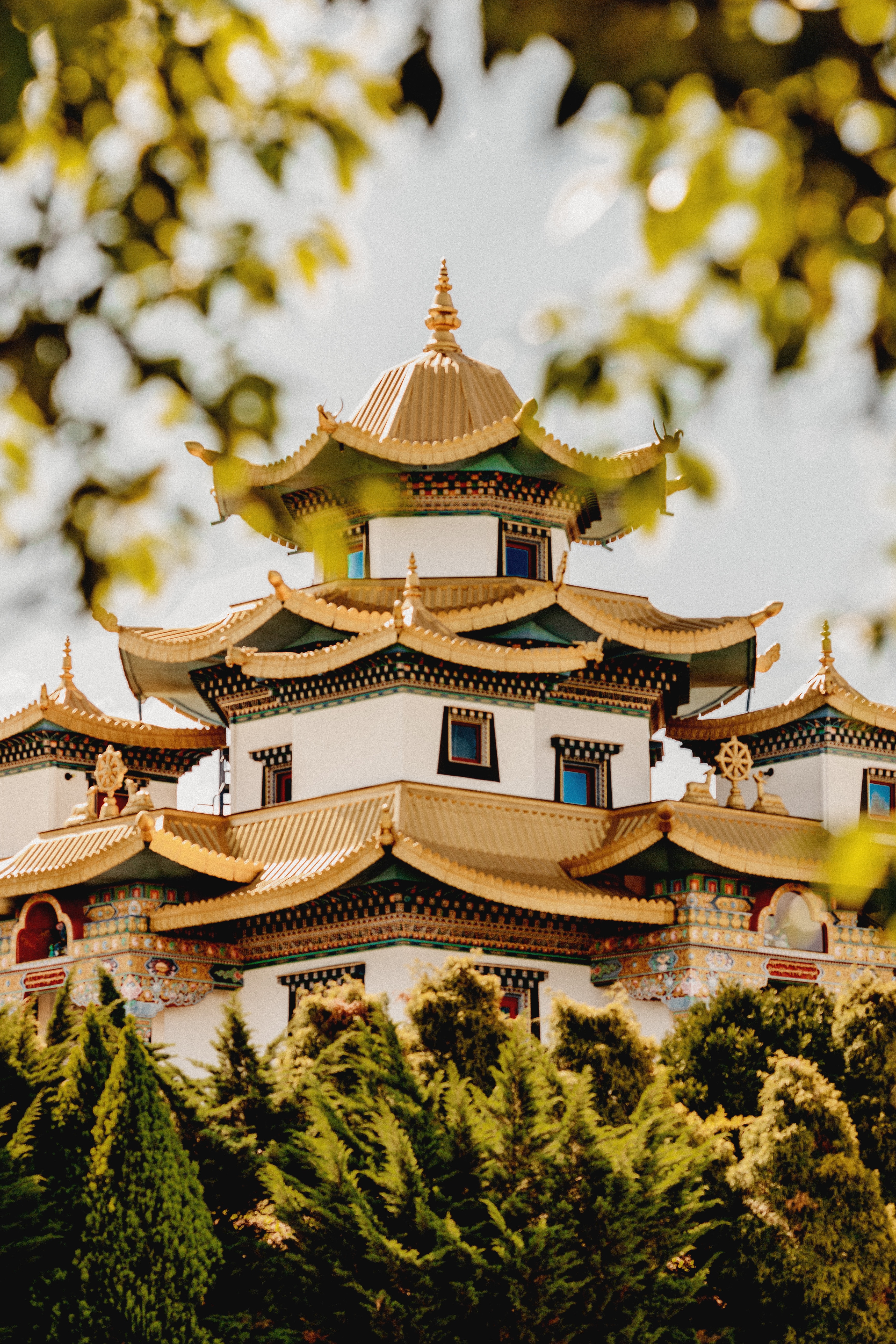 Download mobile wallpaper Bush, Building, Trees, Nature, Architecture, Pagoda for free.