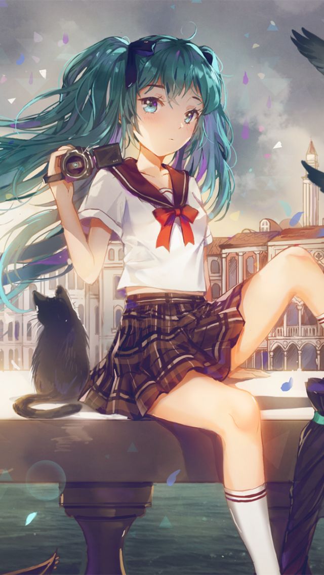 Download mobile wallpaper Anime, Cat, Camera, Vocaloid, Skirt, Socks, Blue Eyes, Blue Hair, School Uniform, Hatsune Miku, Long Hair, Twintails for free.