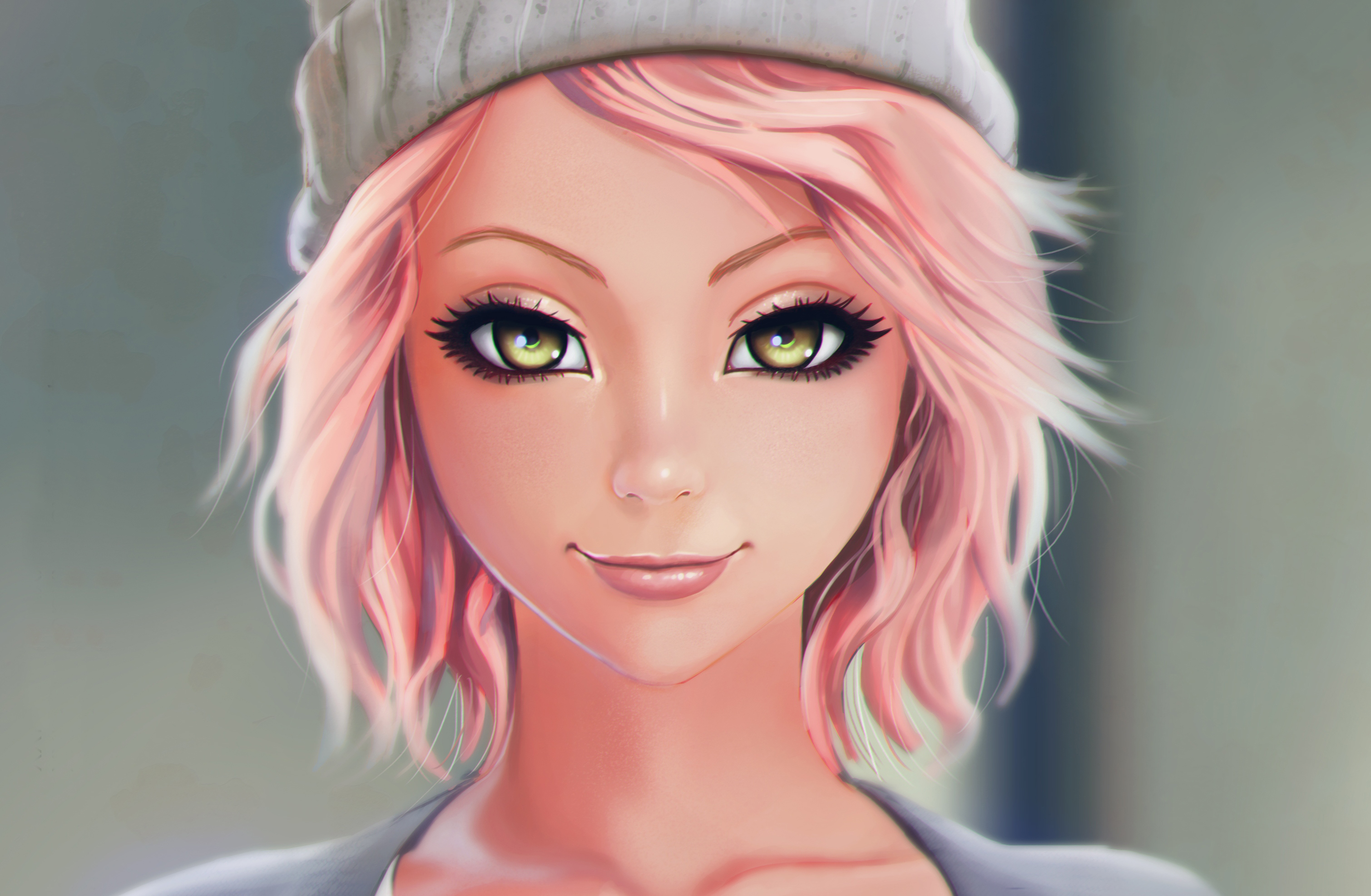 無料モバイル壁紙帽子, 芸術的, 顔, 笑顔, 女性, 黄色い目, ピンクの髪, ショートヘアをダウンロードします。