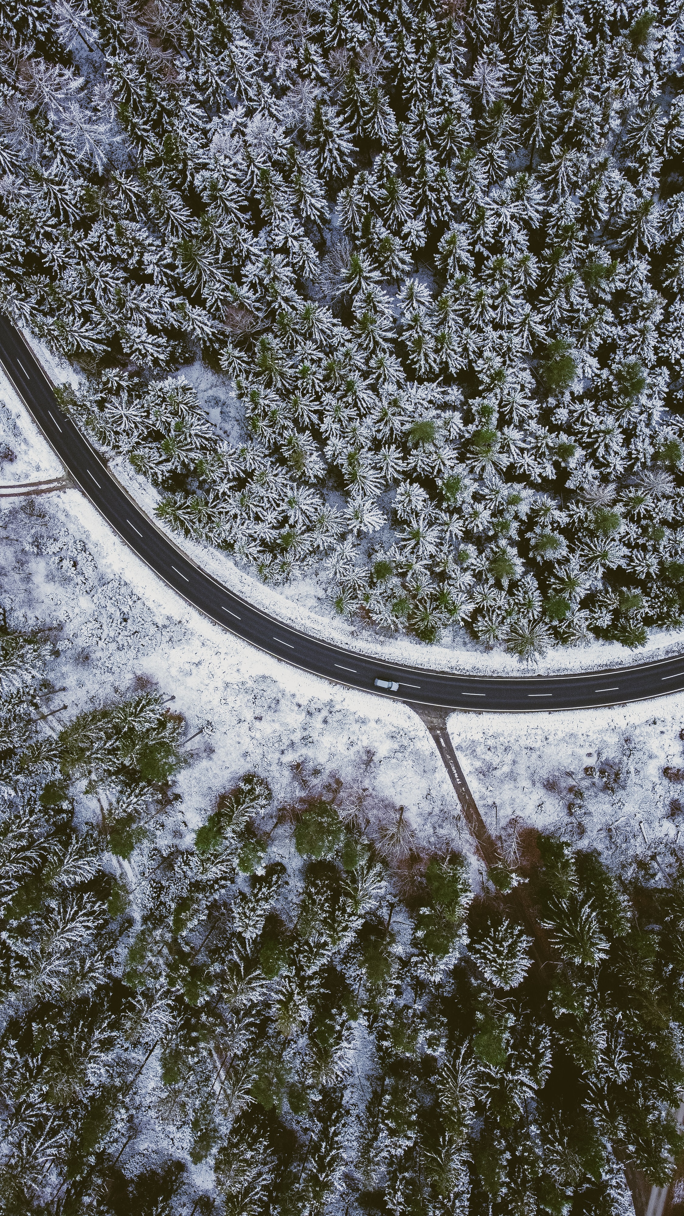 Free download wallpaper Nature, Snow, View From Above, Road, Forest, Car on your PC desktop