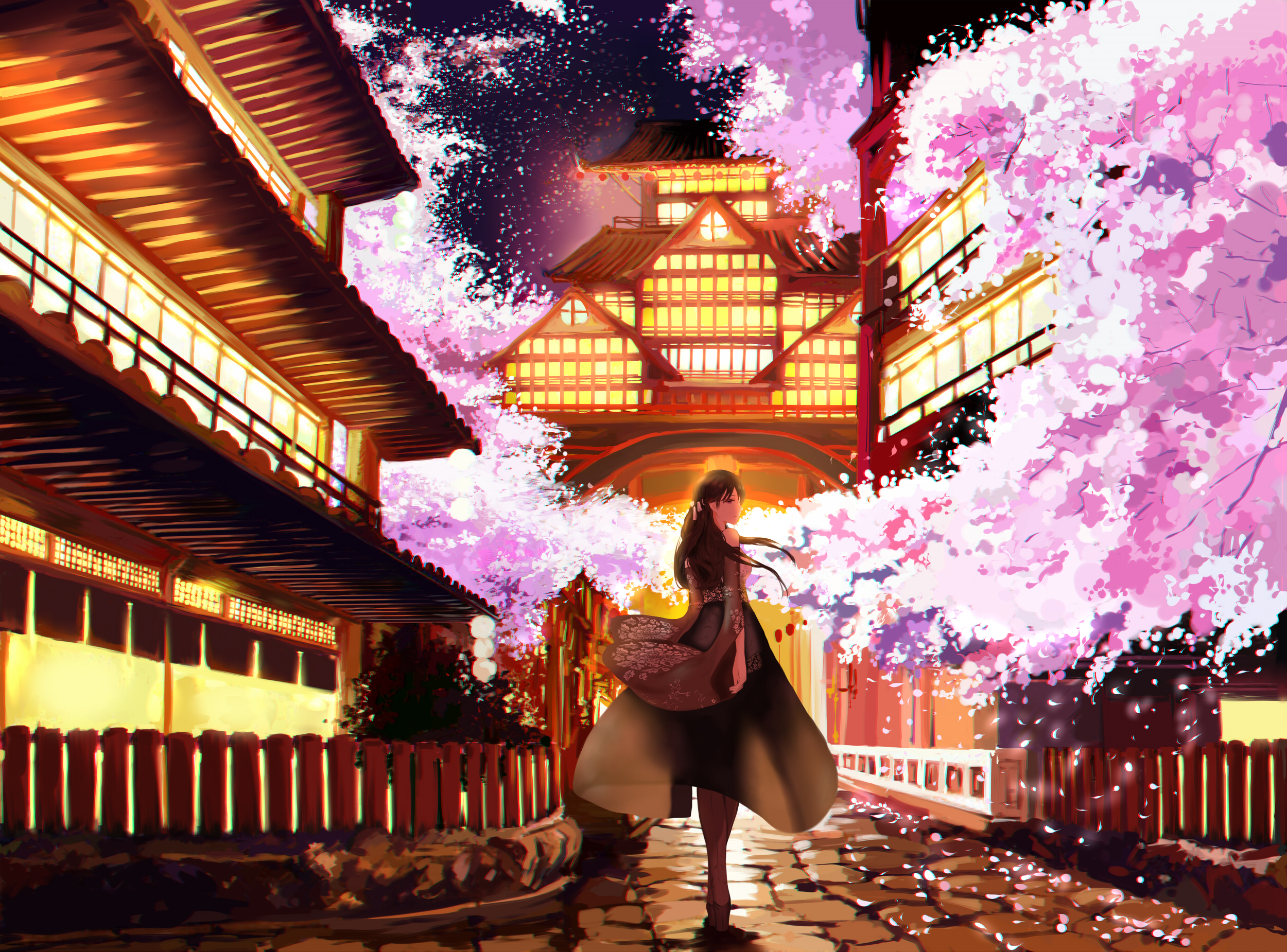night, sakura, anime, original, maiden, shrine