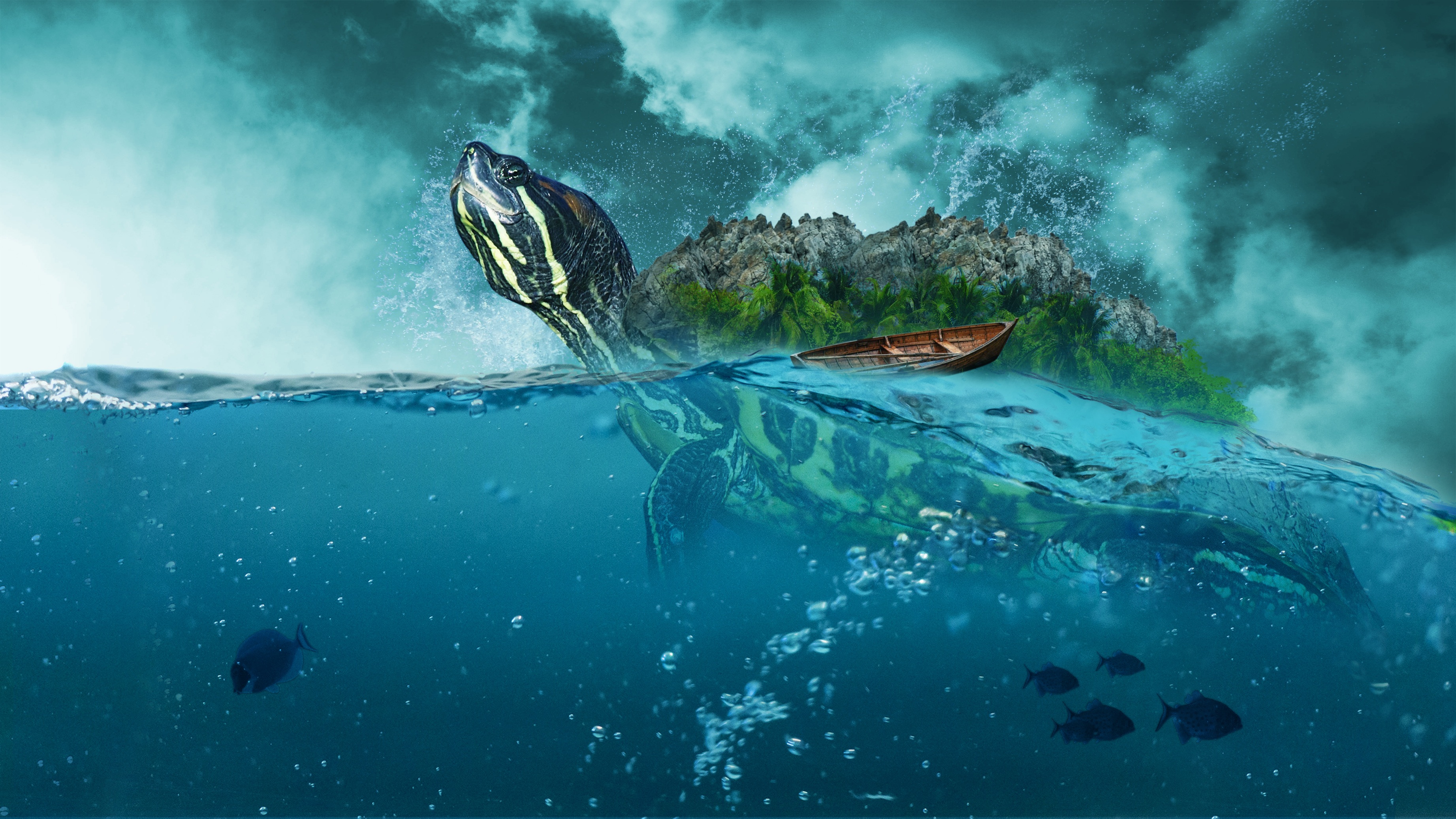 Laden Sie das Fantasie, Boot, Insel, Schildkröte, Fantasietiere-Bild kostenlos auf Ihren PC-Desktop herunter