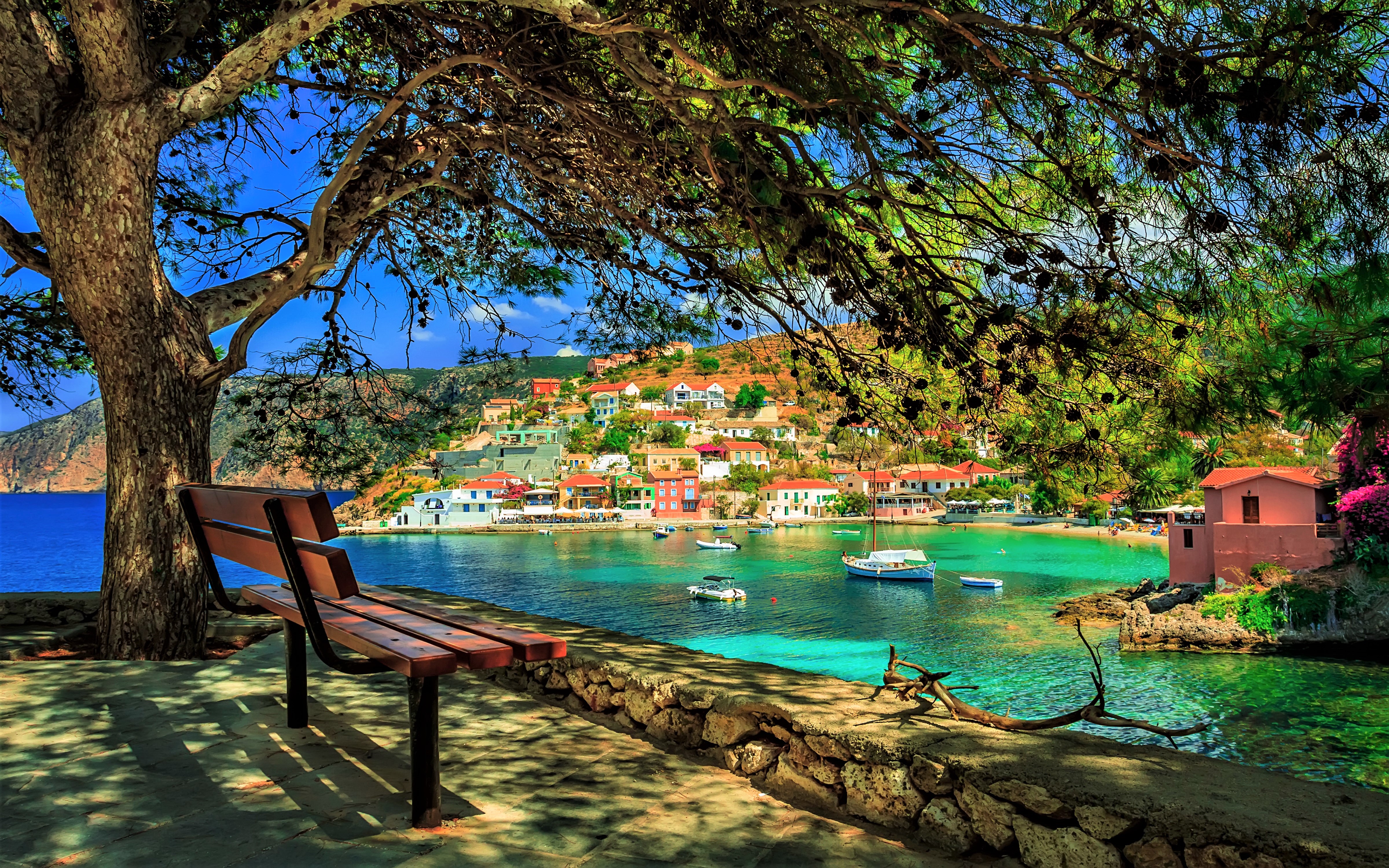 Download mobile wallpaper Coast, Village, Greece, Man Made for free.