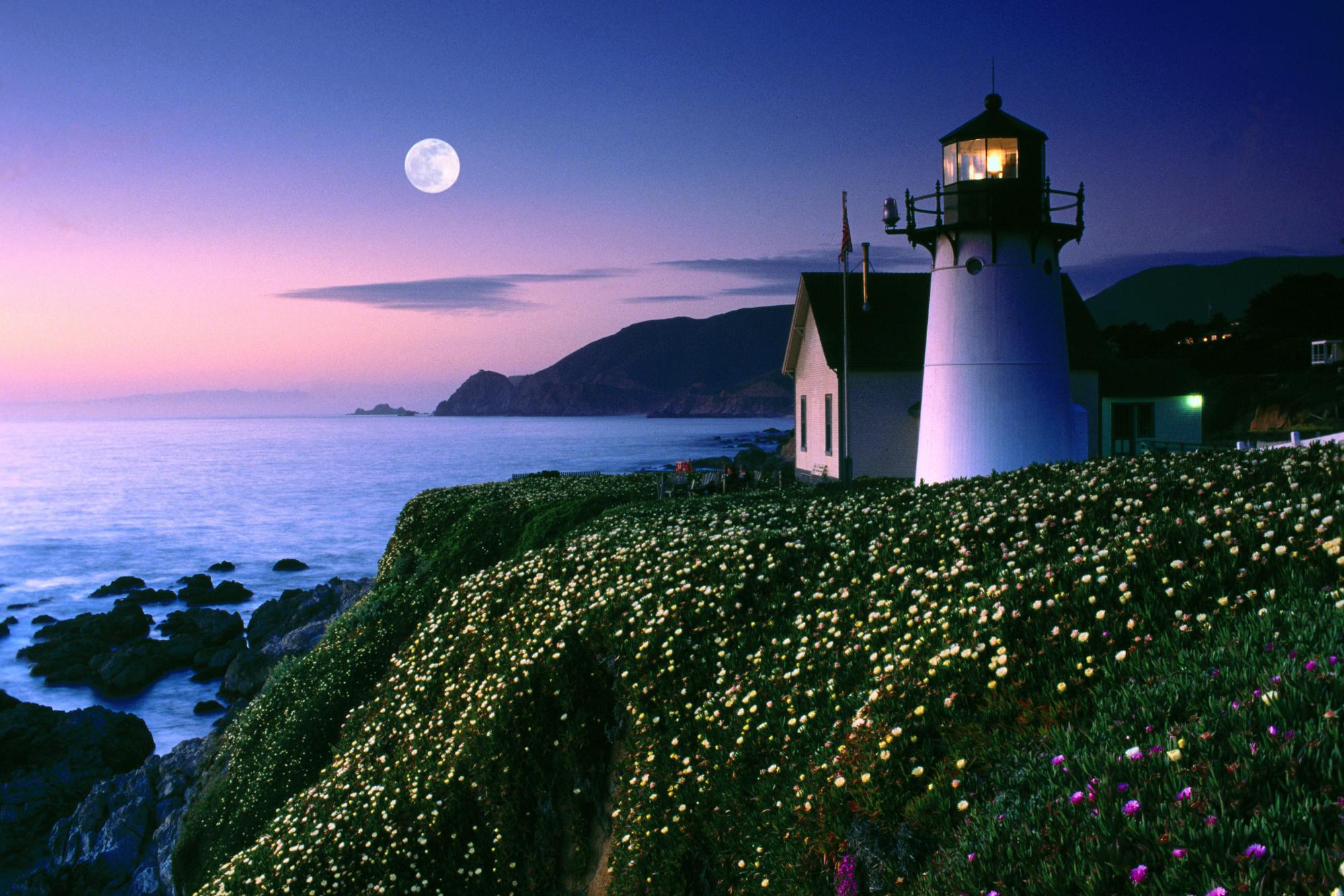 Download mobile wallpaper Moon, Flower, Coast, Lighthouse, Man Made for free.
