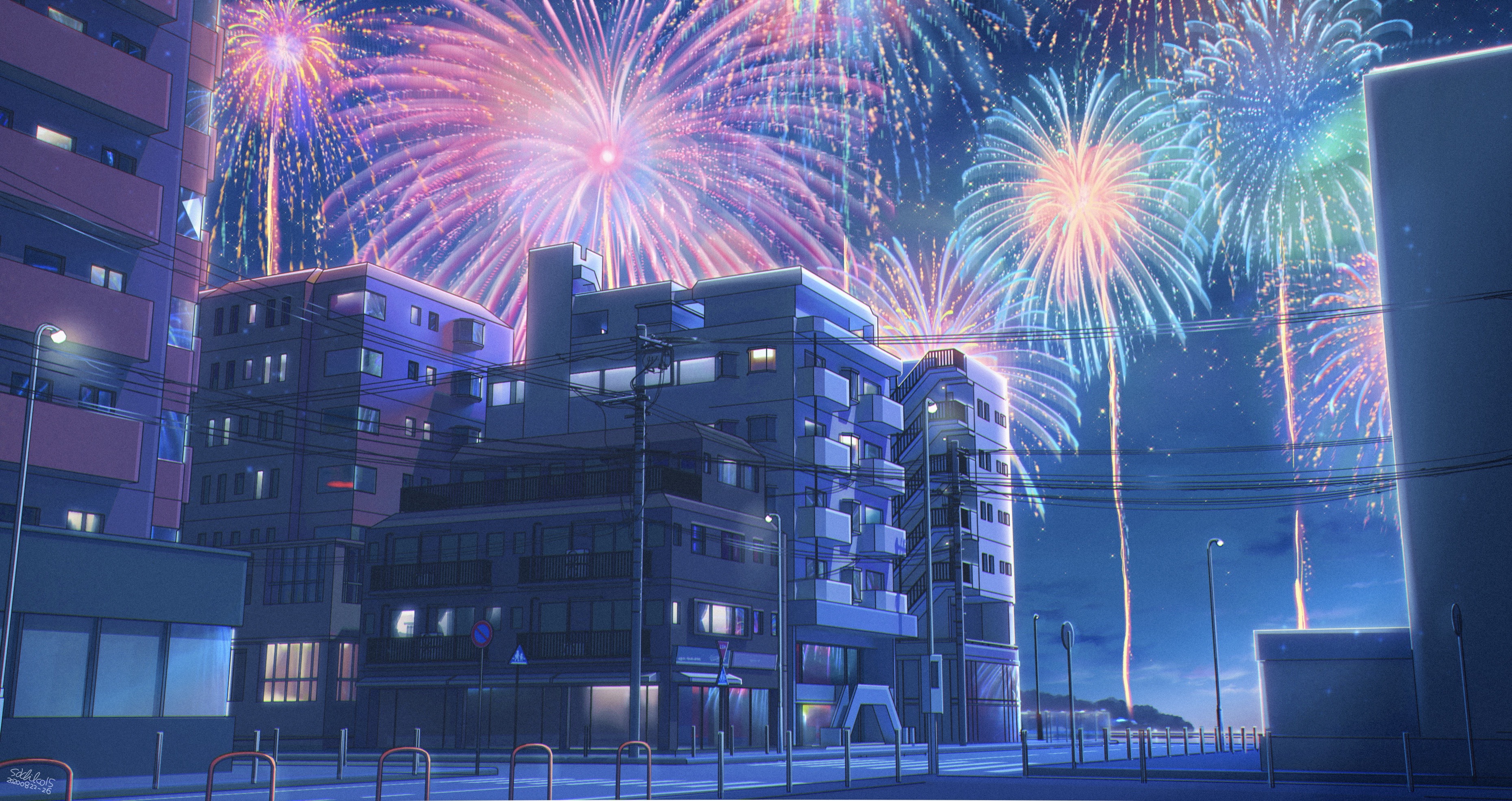 Download mobile wallpaper Anime, City, Fireworks for free.